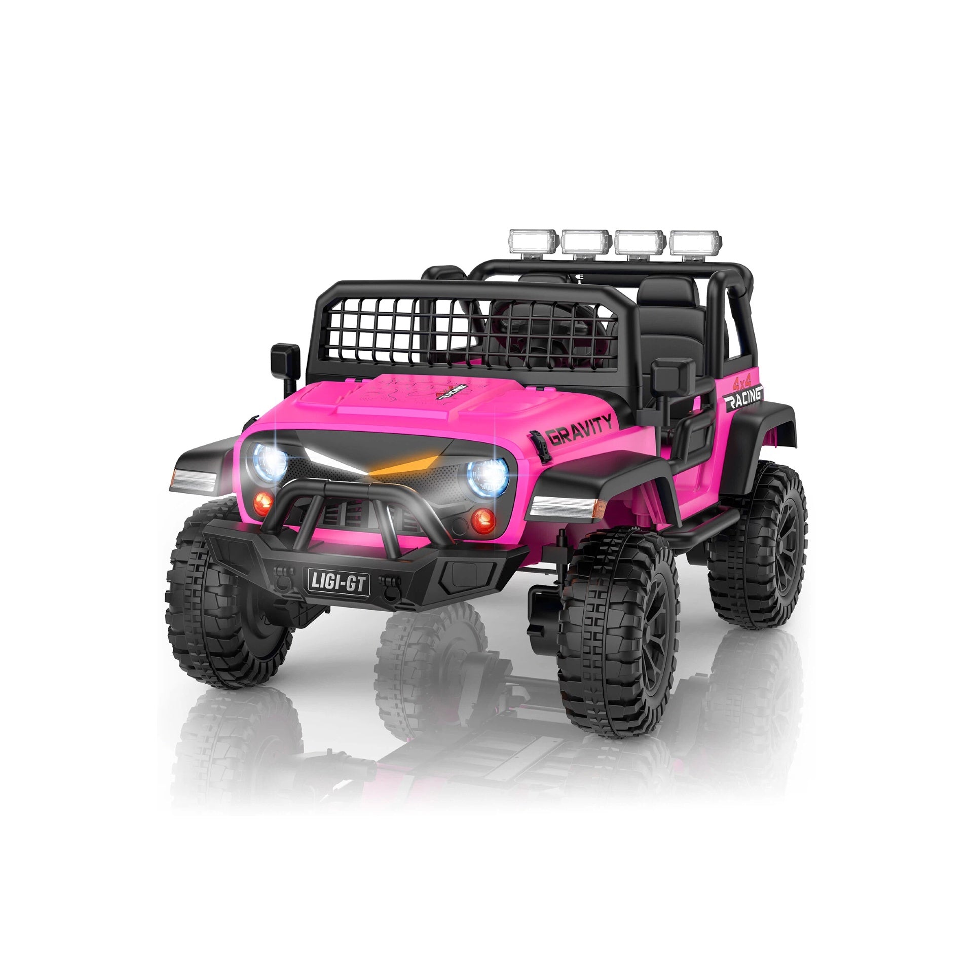 Pink toy ride-on car with black accents on a white background