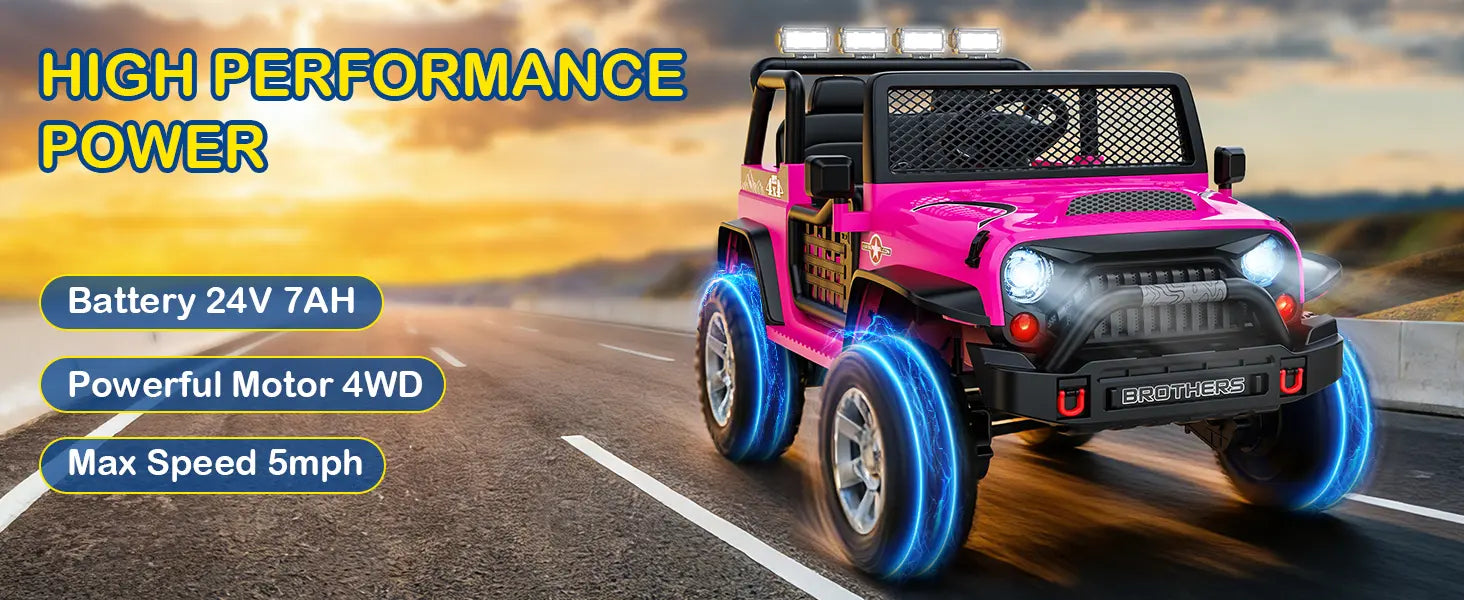 Pink toy ride-on car on a road with sunset background and performance features displayed.