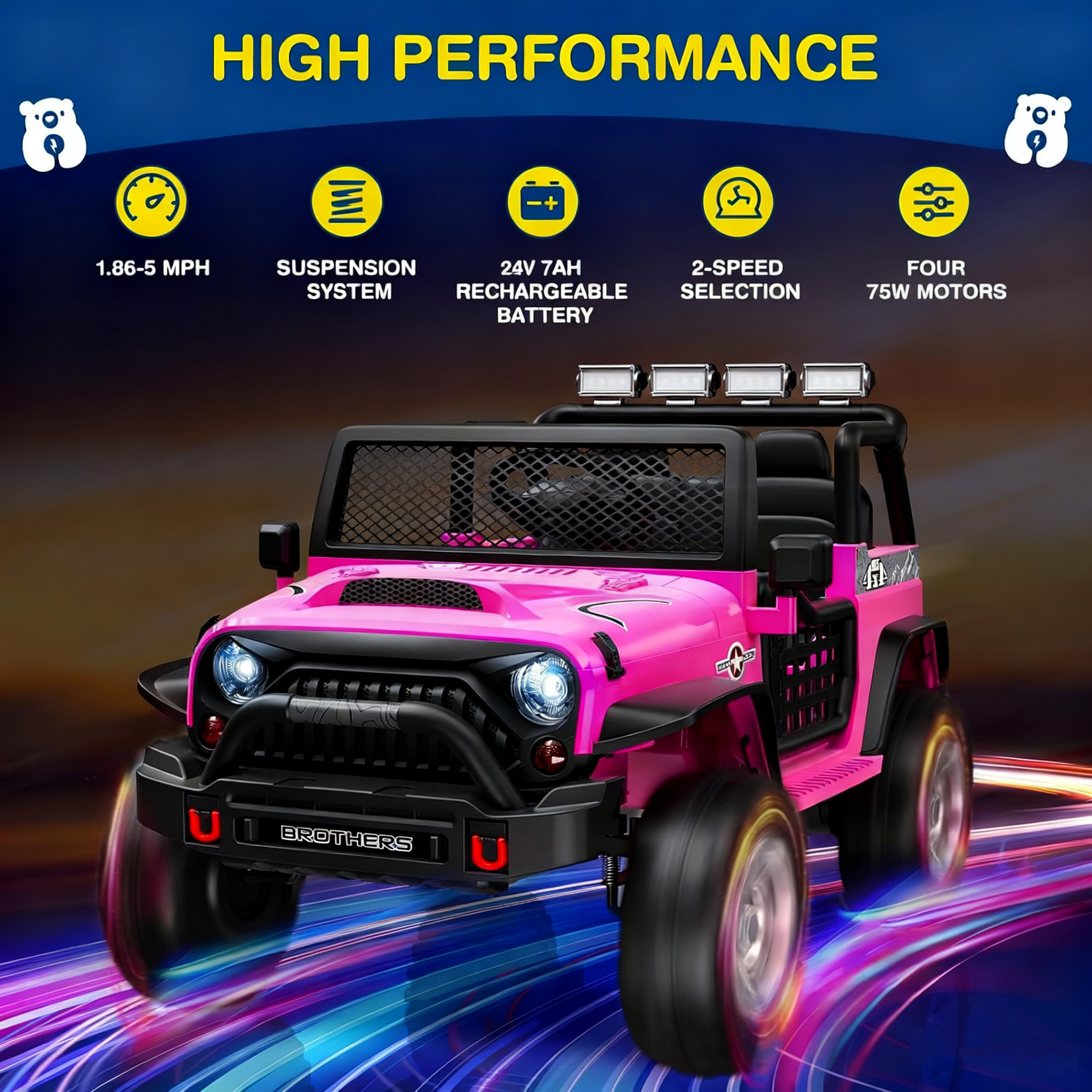 Pink electric ride on car with features listed on a dark background