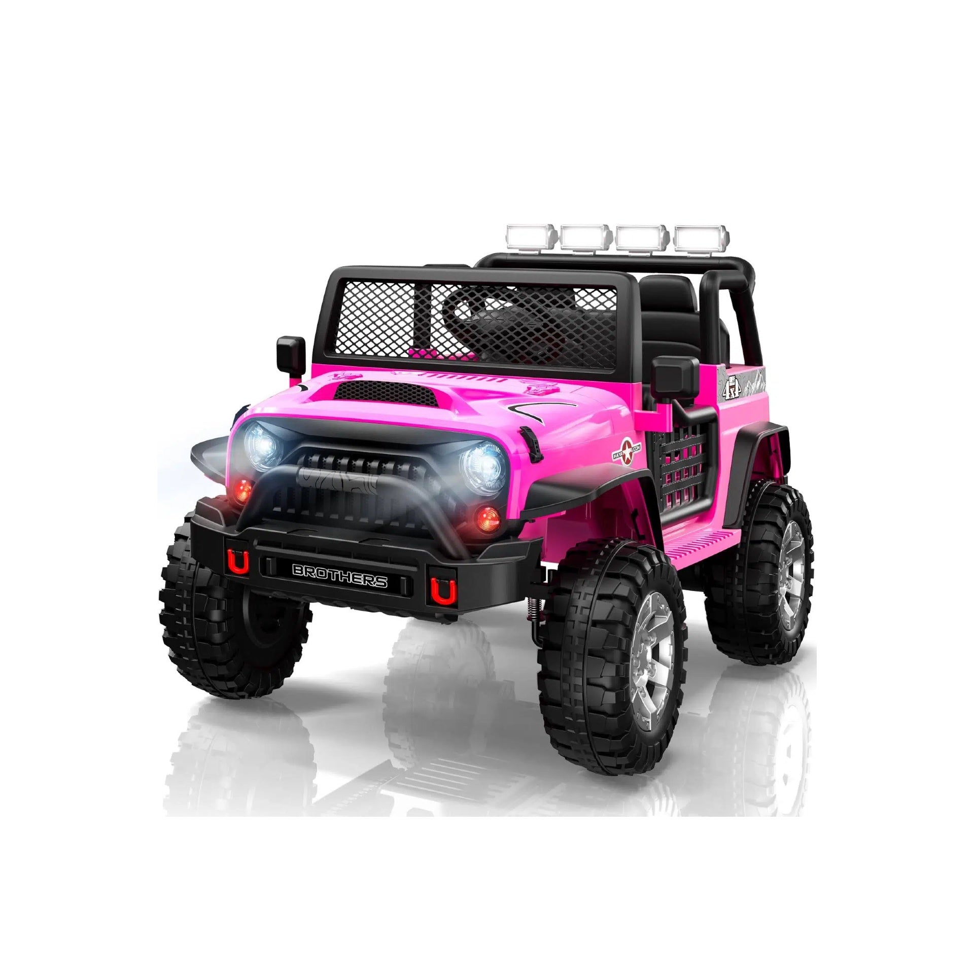 Pink toy ride on car with black accents on a white background