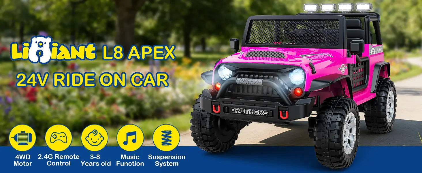 Pink ride-on car with features highlighted on a scenic background