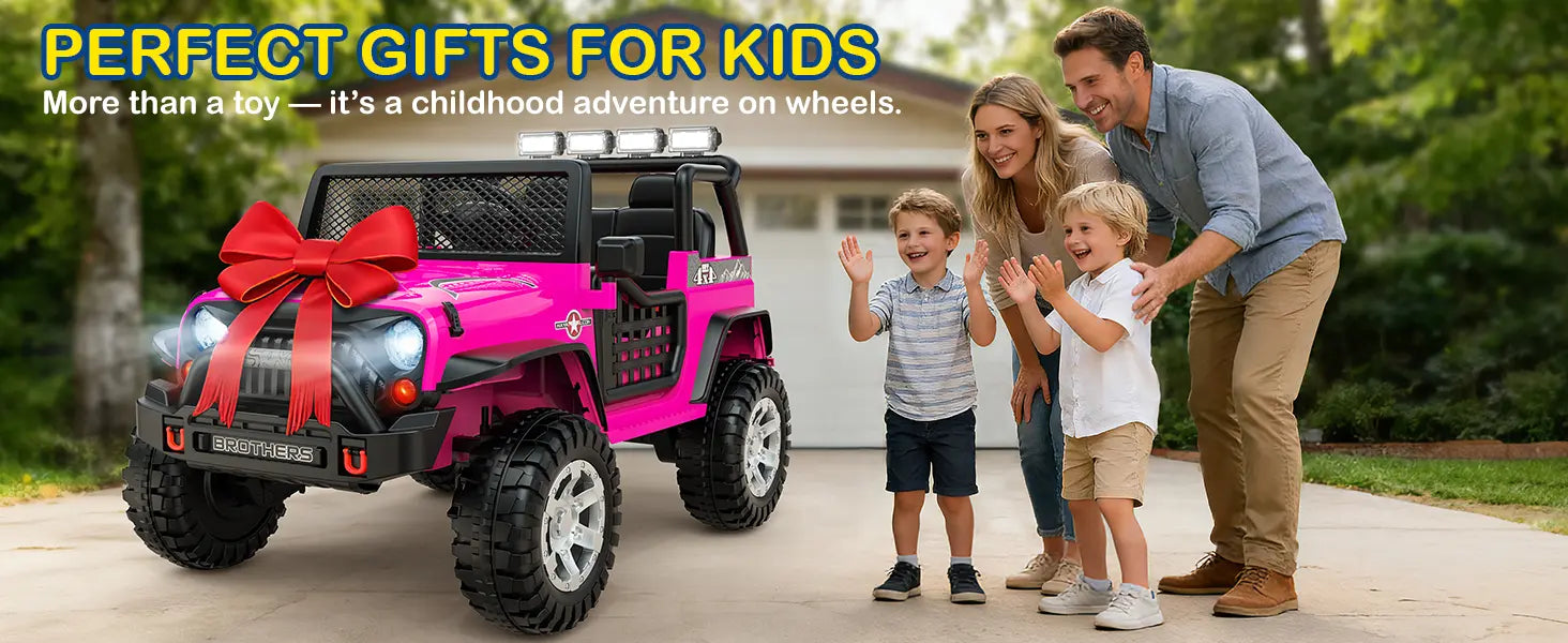 Pink toy ride-on car with a red bow, family with two children, and text about perfect gifts for kids.