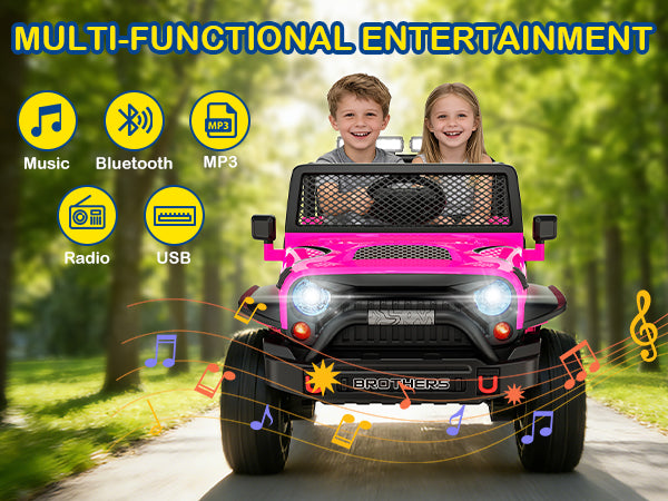 Children in a pink toy ride-on car with multimedia icons and a forest background