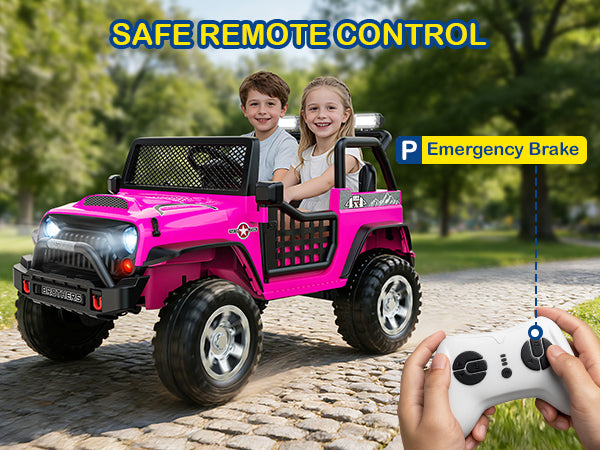 Two children sitting in a 2-seater pink ride-on car with a safe remote control