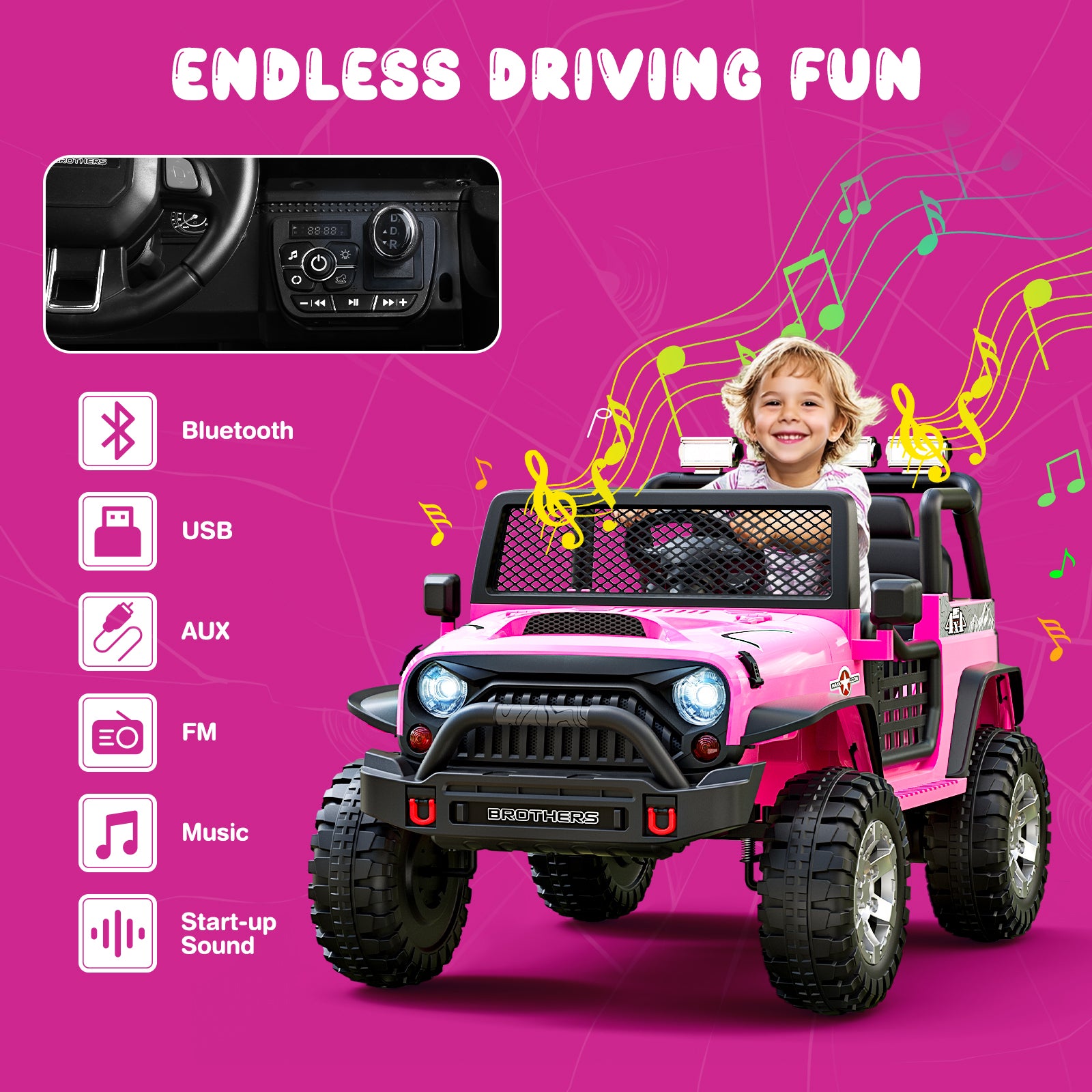 Pink ride-on car with Bluetooth, USB, AUX, FM, music, and start-up sound features on a pink background.
