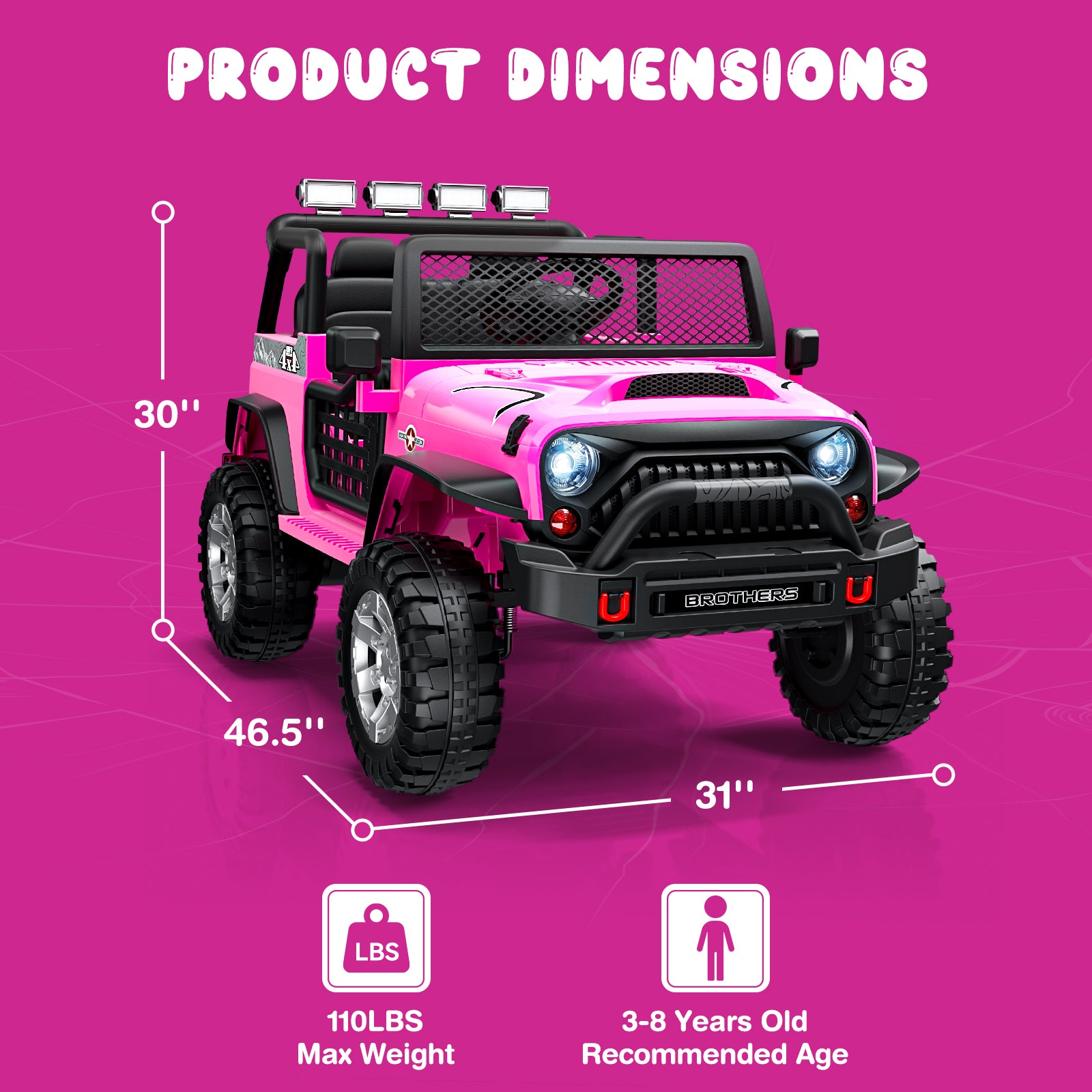 Pink off-road ride-on car with dimensions and weight capacity on a purple background