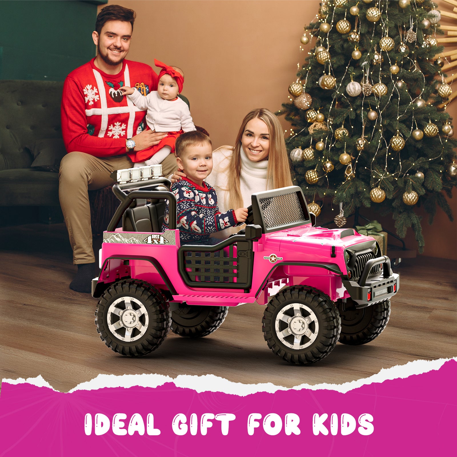 Family with children in a pink off-road ride-on car in front of a decorated Christmas tree, with text 'IDEAL GIFT FOR KIDS'.