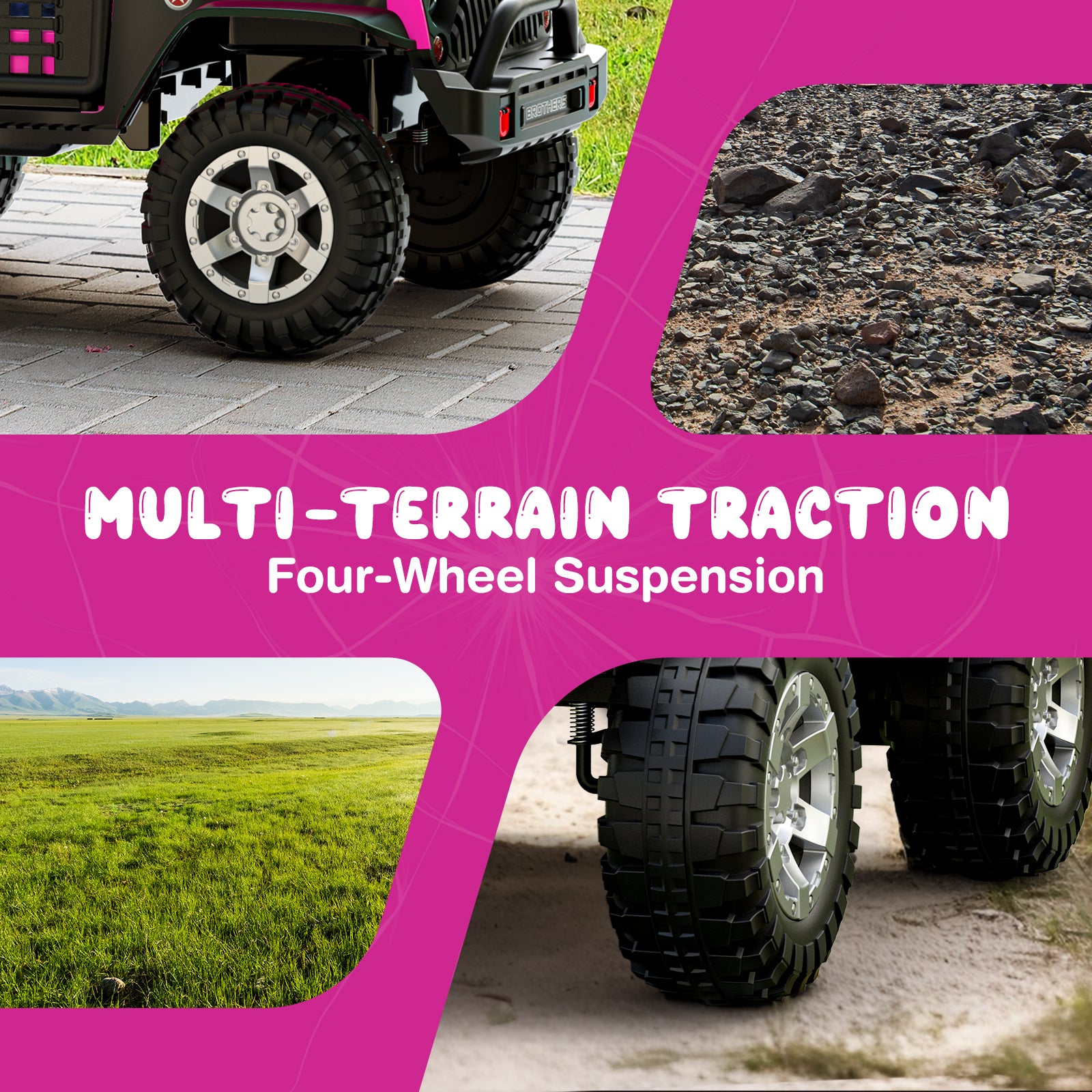 Off-road vehicle with large tires on different terrains, featuring text about multi-terrain traction and four-wheel suspension.