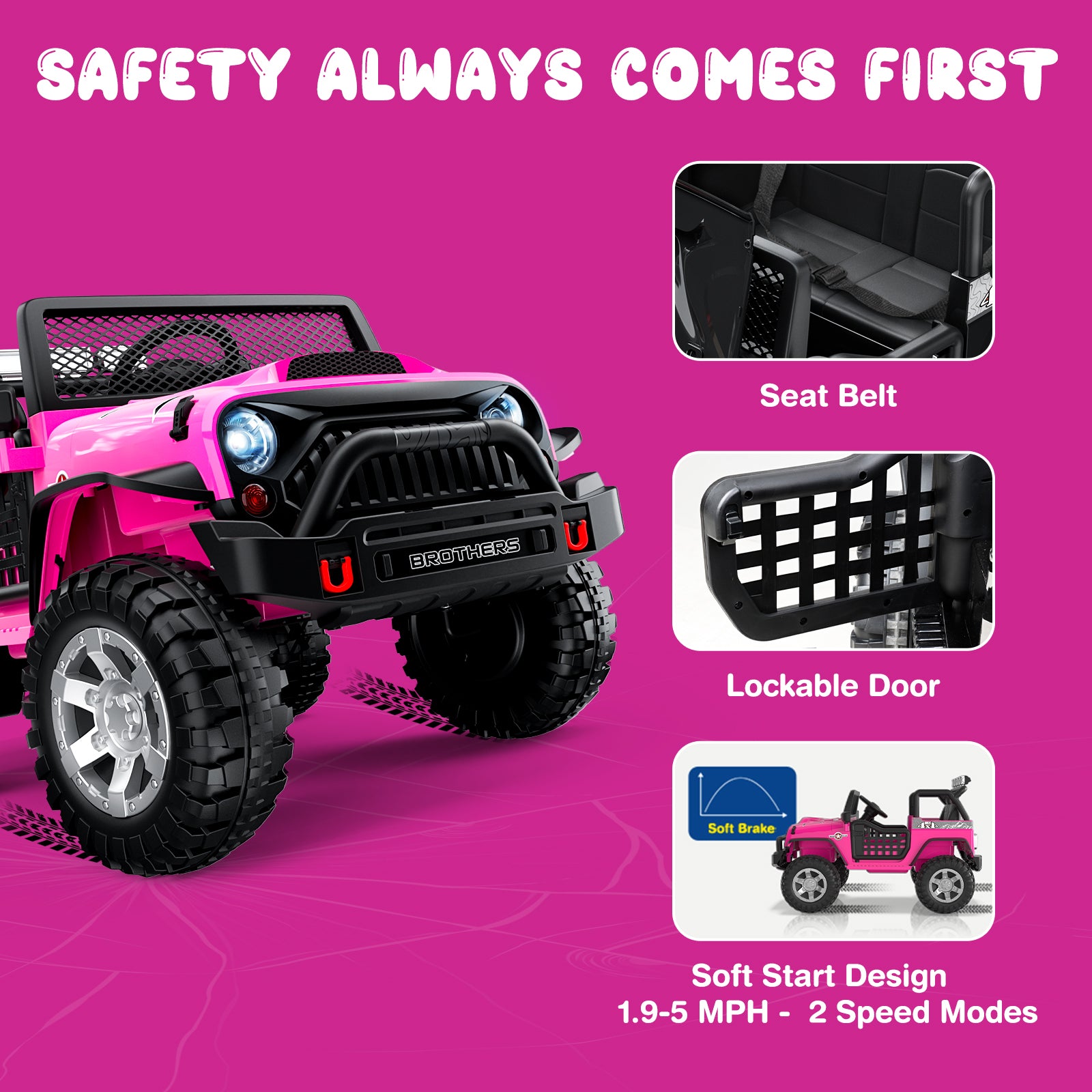 Pink off-road ride-on car with safety features highlighted on a pink background