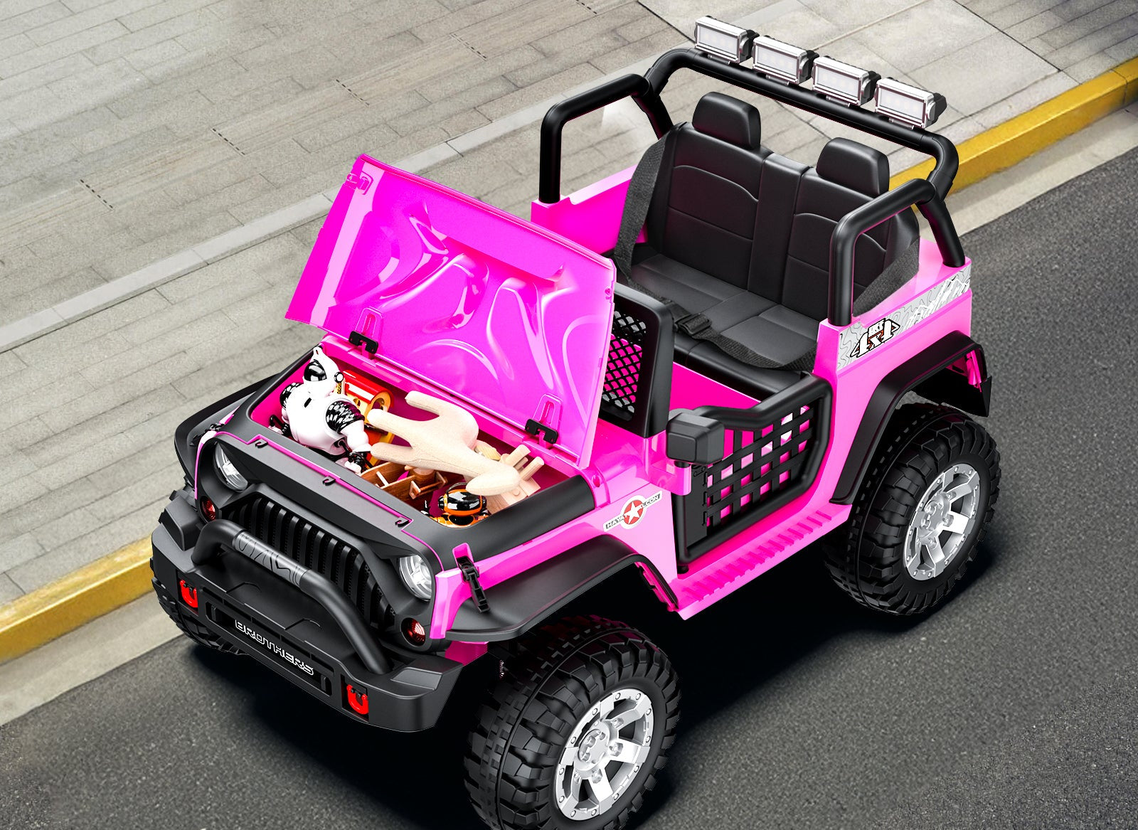 Pink off-road ride-on car with an open hood on a road