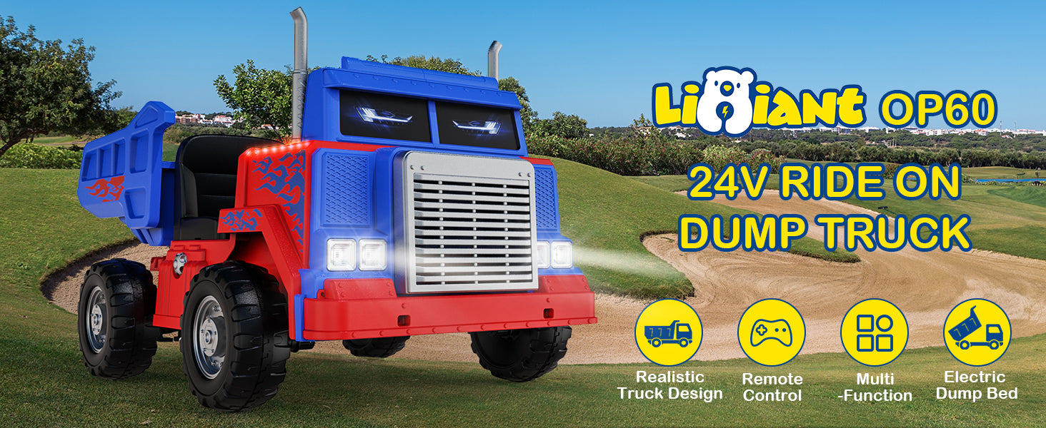 LIGIANT OP60 ride-on dump truck with blue and red design on a grassy field.