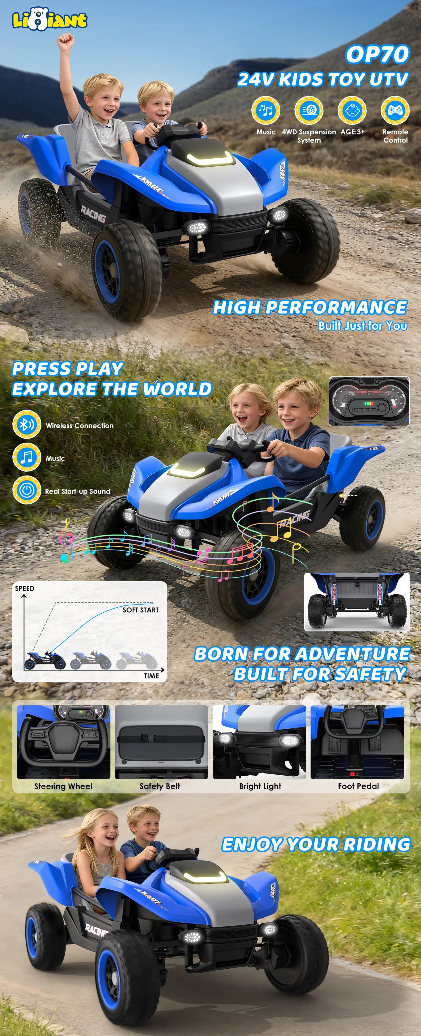 Children playing with a blue and black toy UTV truck in an outdoor setting.