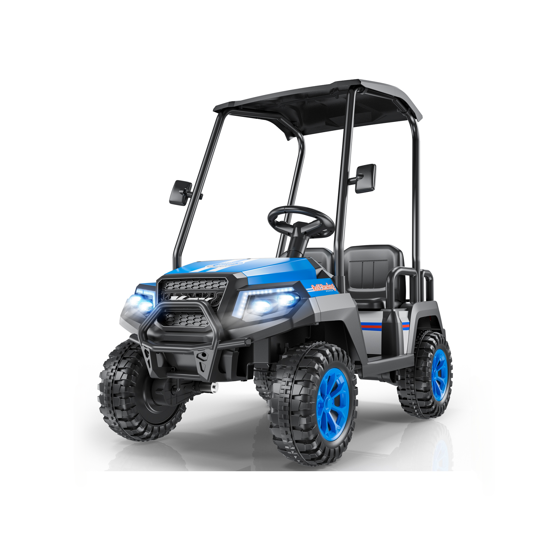R9 24V 4-seater kids golf cart  with blue and gray color scheme on a white background 