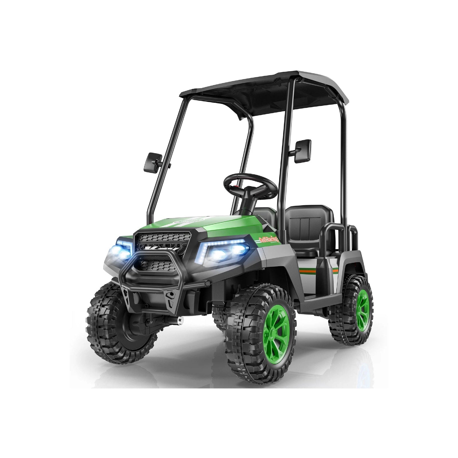 Green and black off-road vehicle on a white background