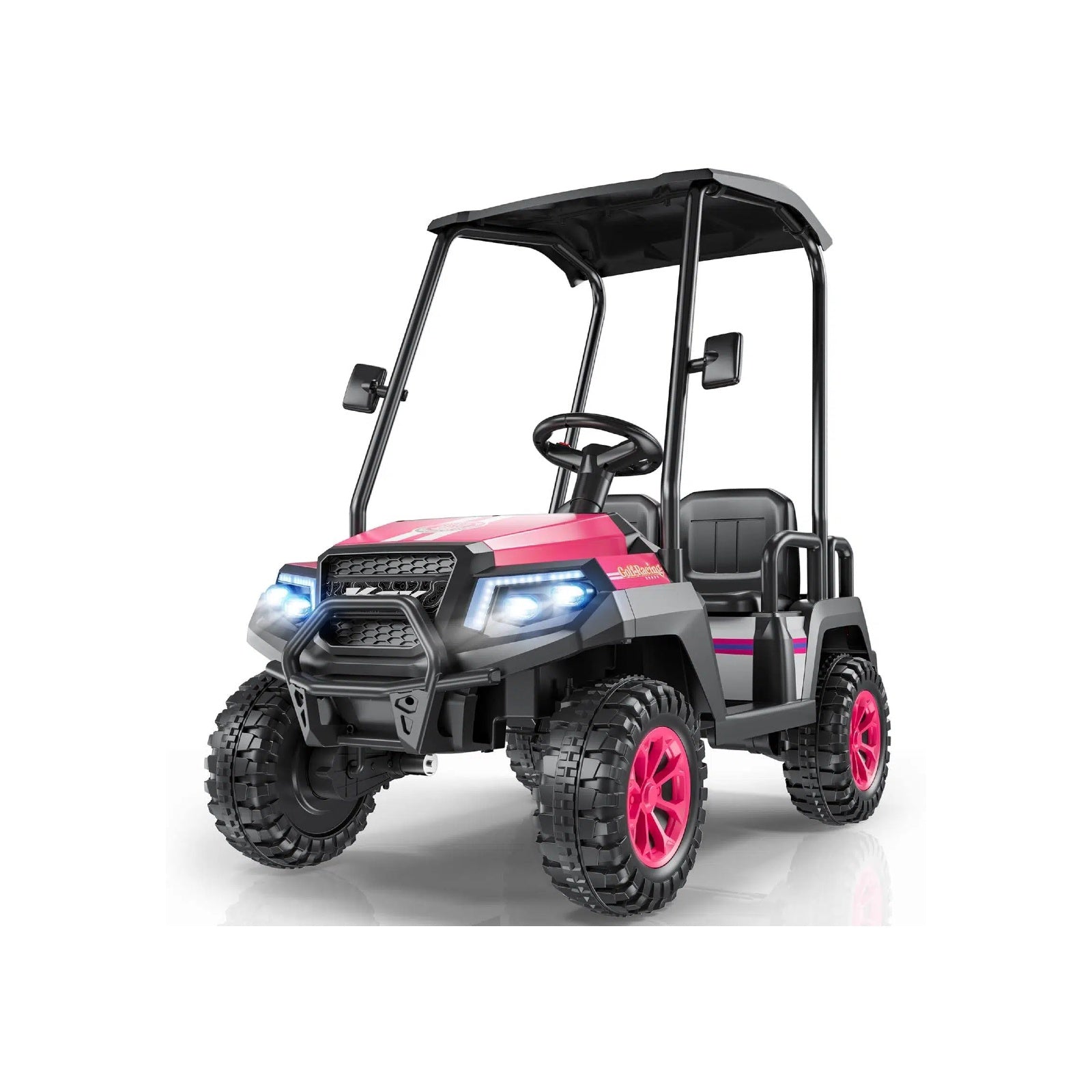 Pink and black toy off-road vehicle on a white background
