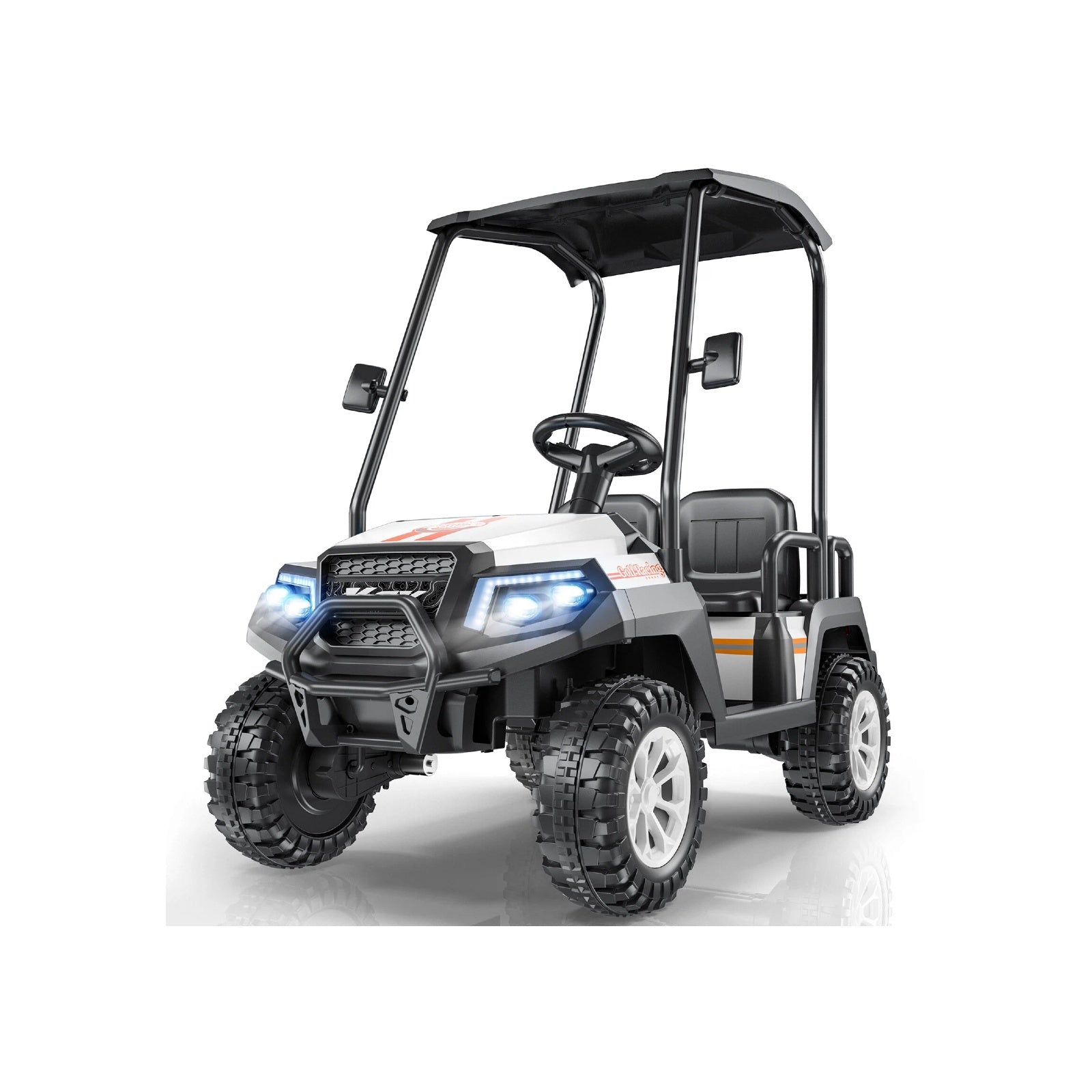 Small off-road vehicle with a black canopy on a white background