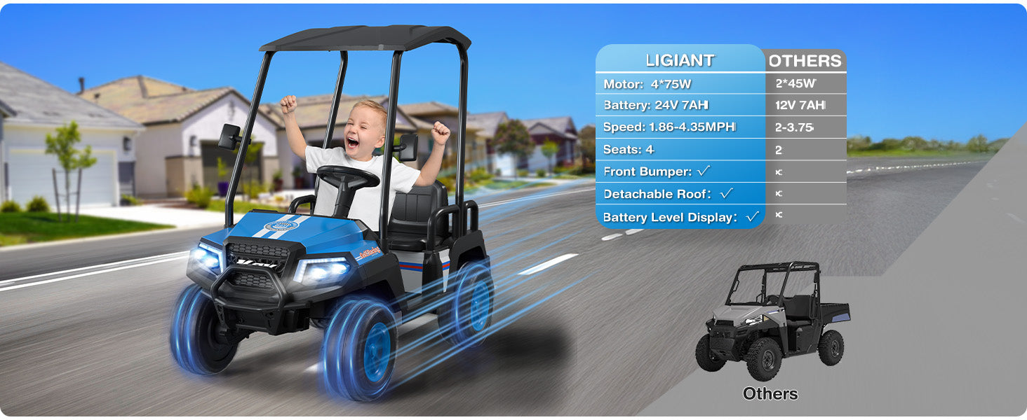 Child driving a toy utility vehicle with specifications displayed on a screen.