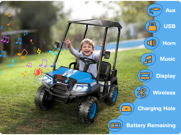 Child playing with a ride-on car golf cart vehicle on grass, with feature icons displayed.