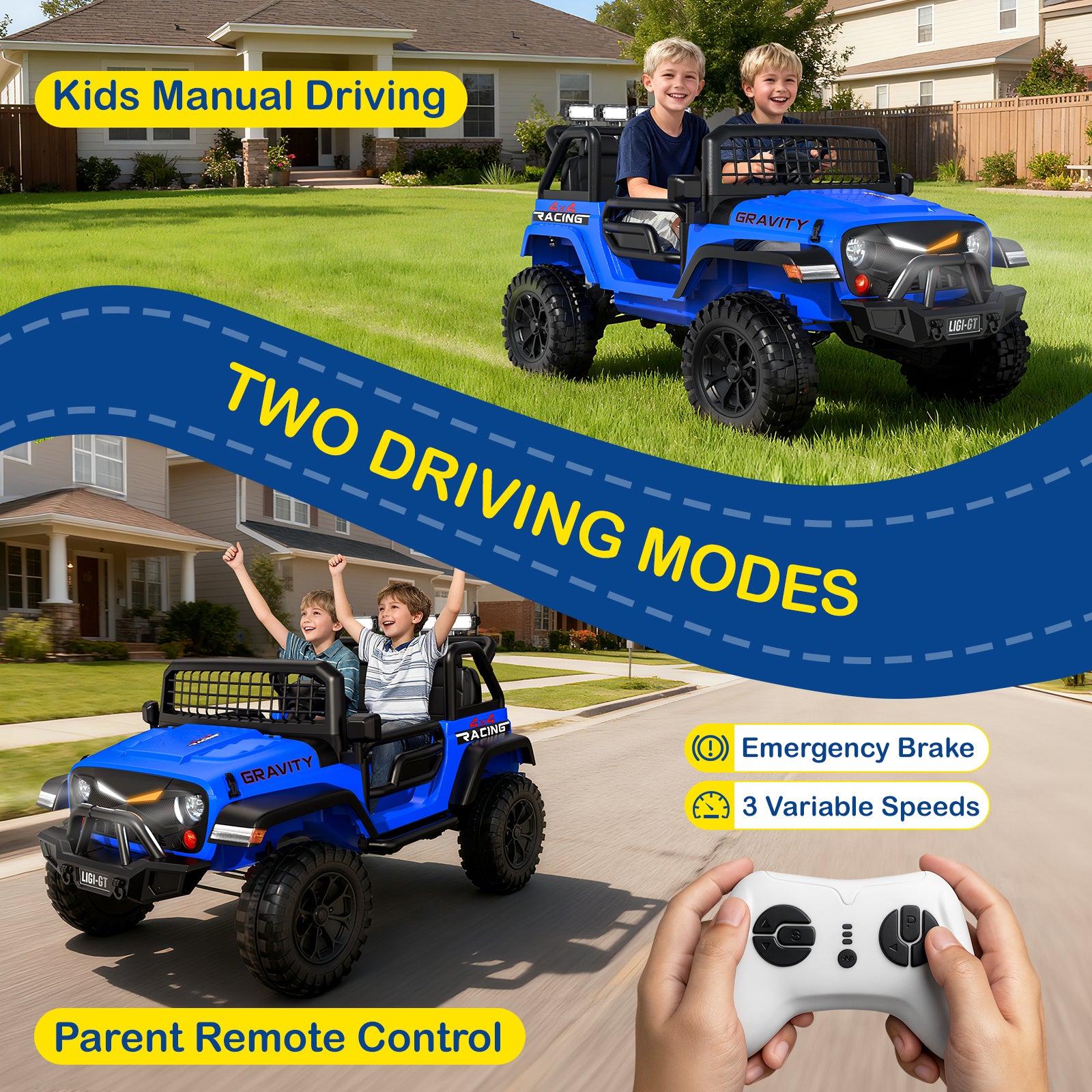 Two children in a blue toy ride-on car with a parent holding a remote control, set against a suburban backdrop.