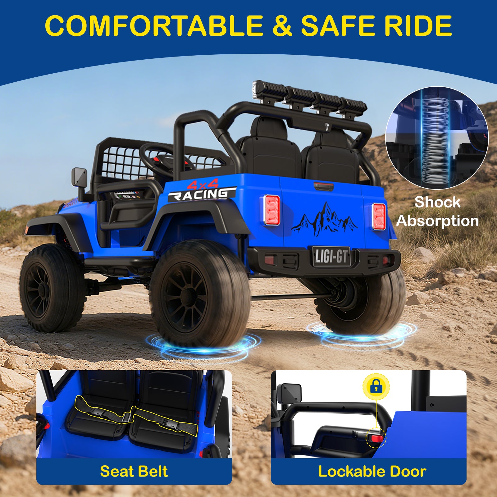 Blue off-road vehicle with features highlighted on a desert background