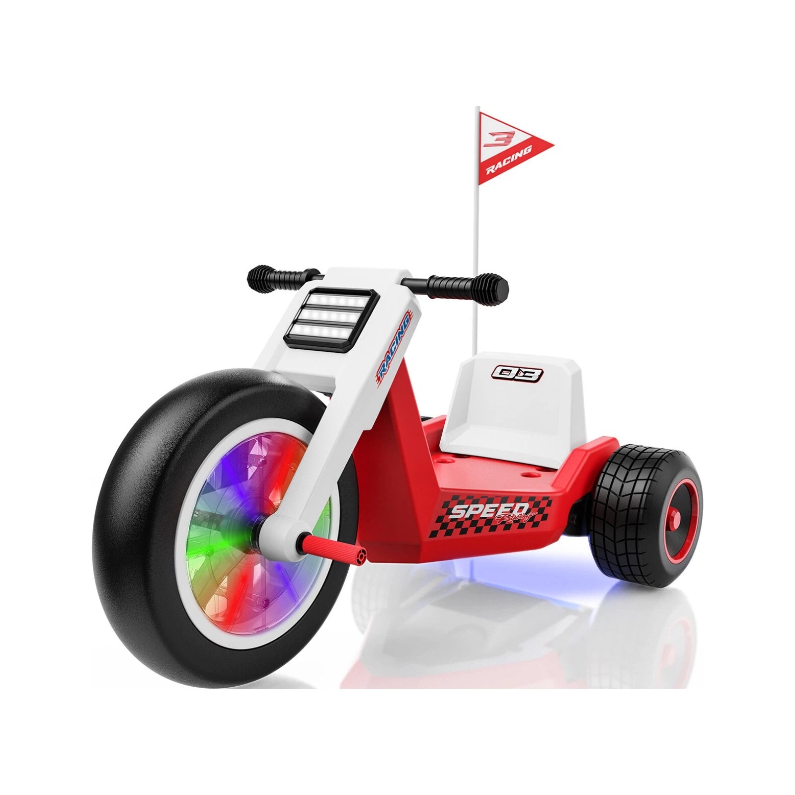 Red and white toy tricycle with colorful wheel and flag on a white background