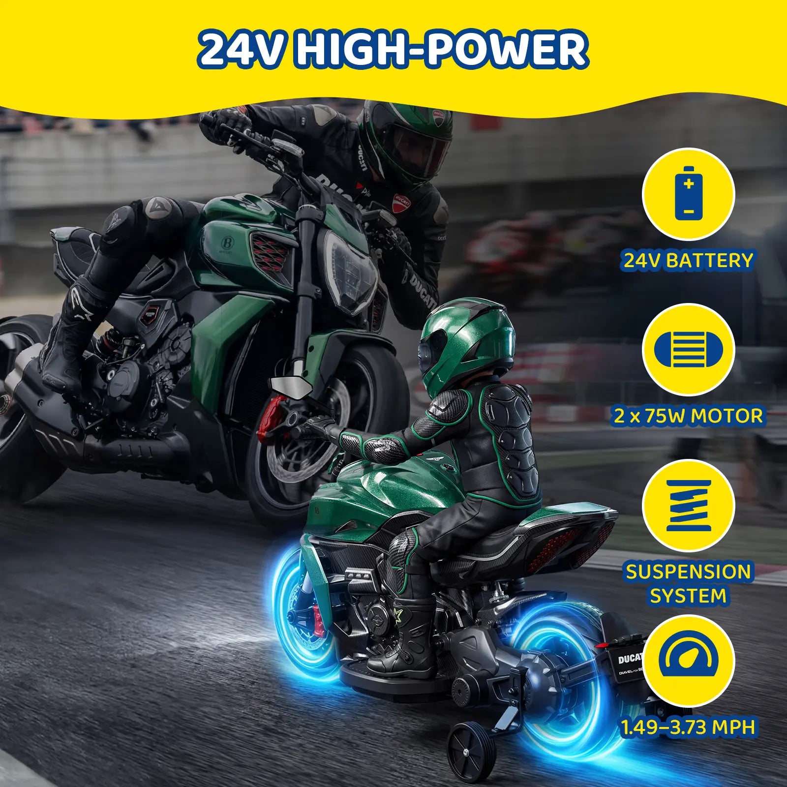 Child on a green toy motorcycle with high-power features highlighted.