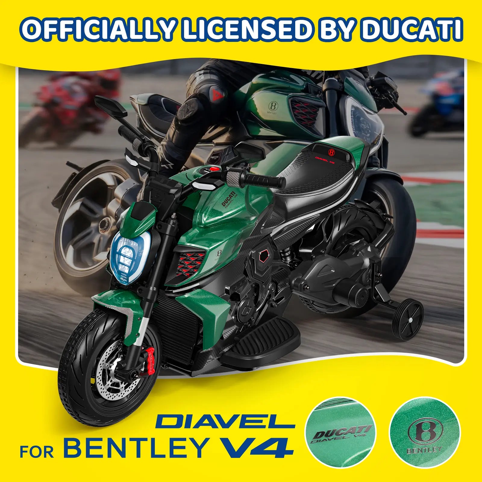 Toy motorcycle with Ducati and Bentley logos on a yellow border