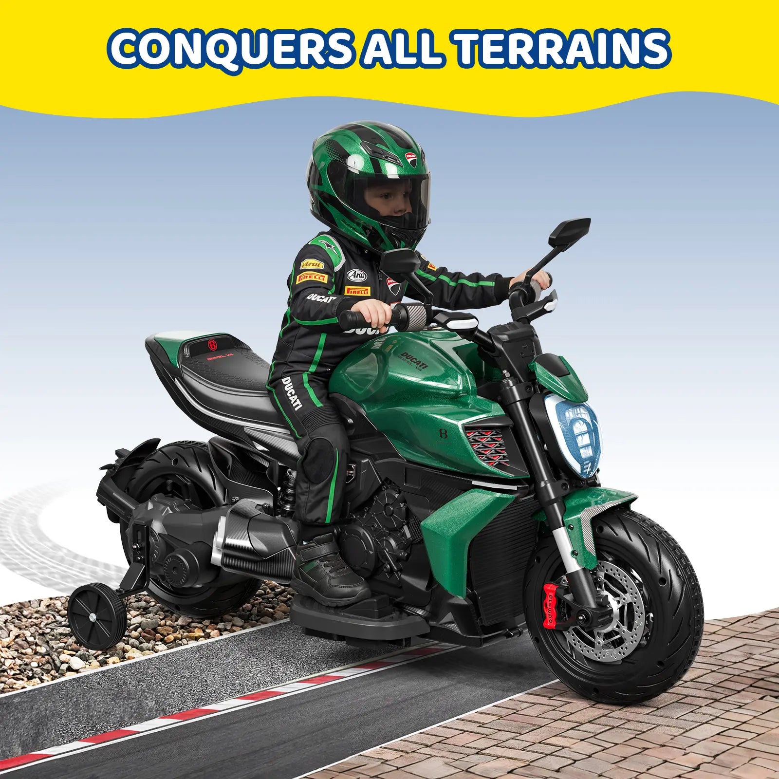 Child on a green toy motorcycle with 'Conquers All Terrains' text above.