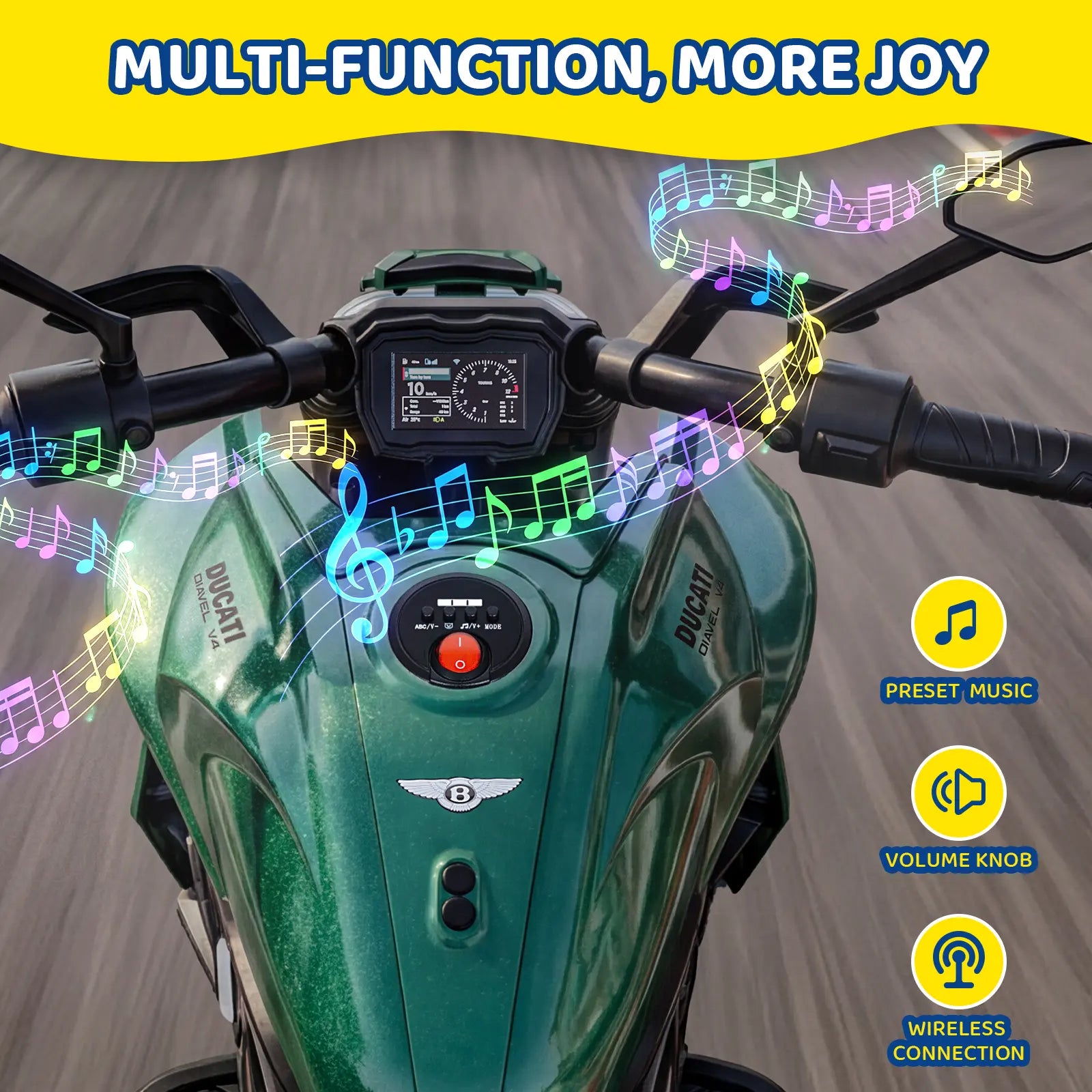Motorcycle handlebar with music notes and control icons, featuring Ducati branding.