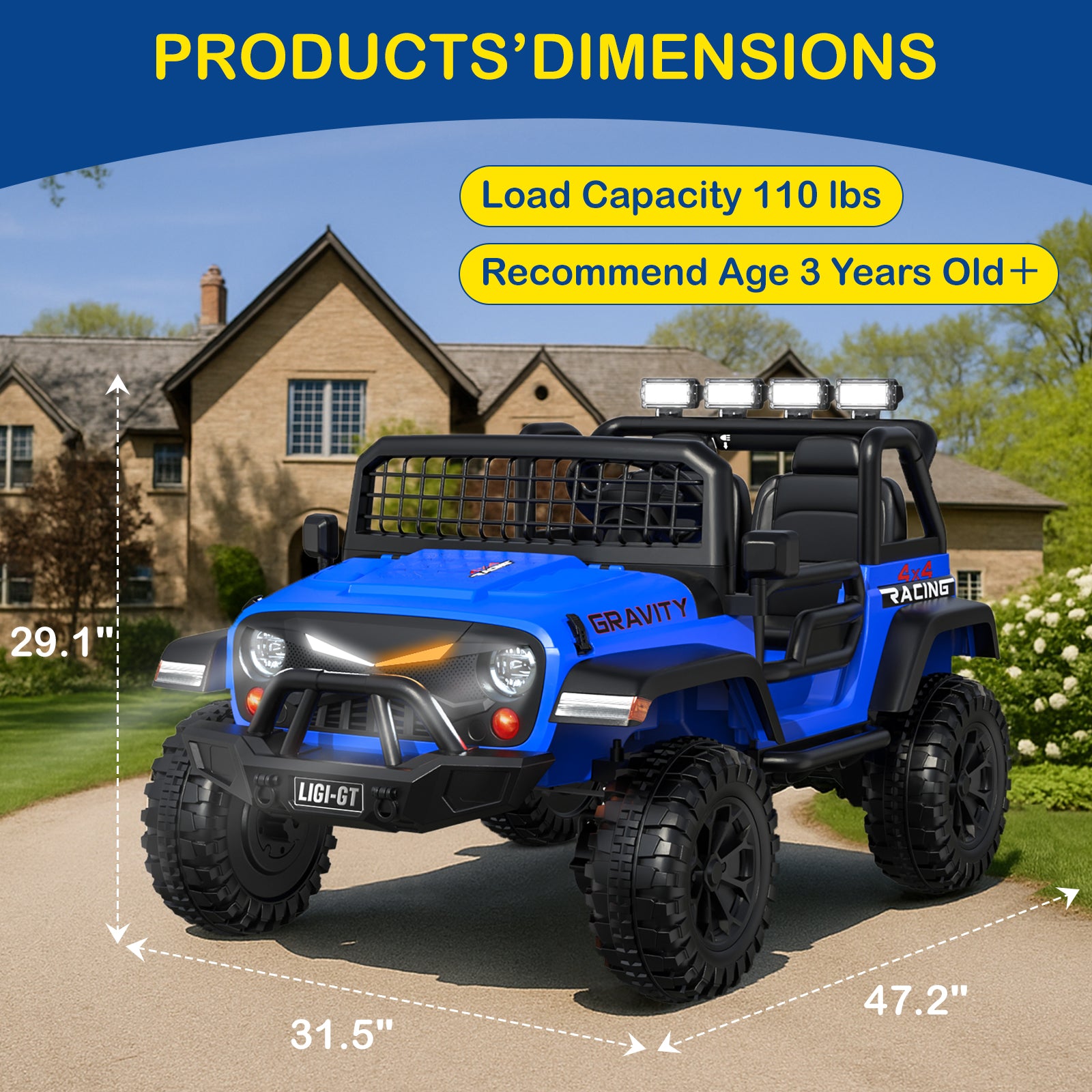 Blue toy truck with dimensions and product details on a suburban background