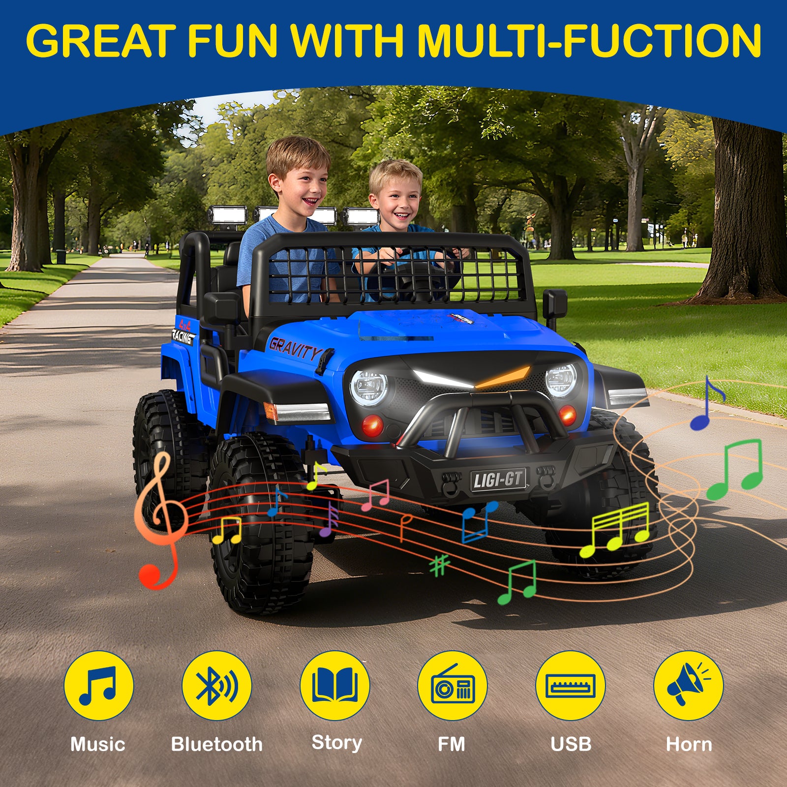 Children playing with a blue toy ride-on car in a park, with text about multi-function features.