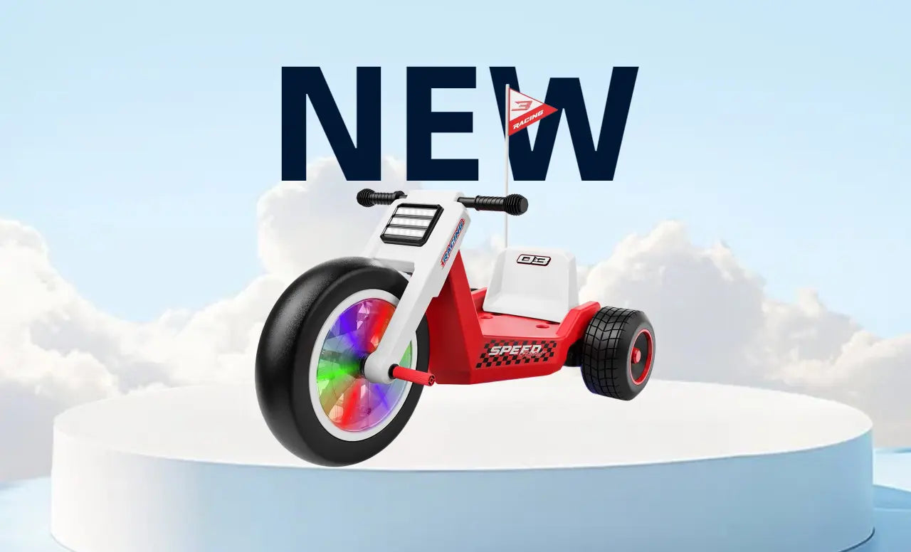 Children's balance bike with colorful wheels on a cloud-like background, labeled 'NEW'.