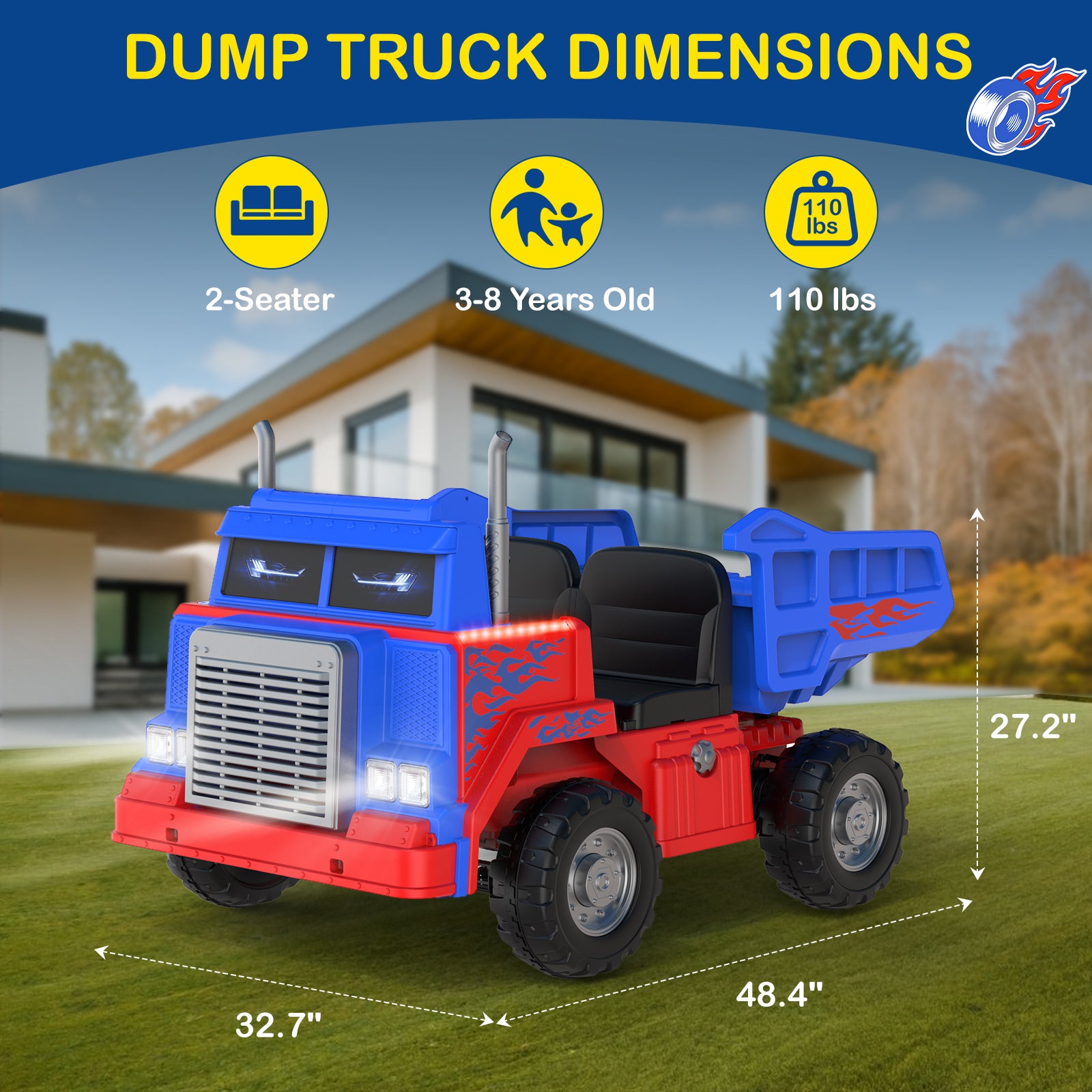Toy dump truck with dimensions and features displayed against a background of a house and trees.