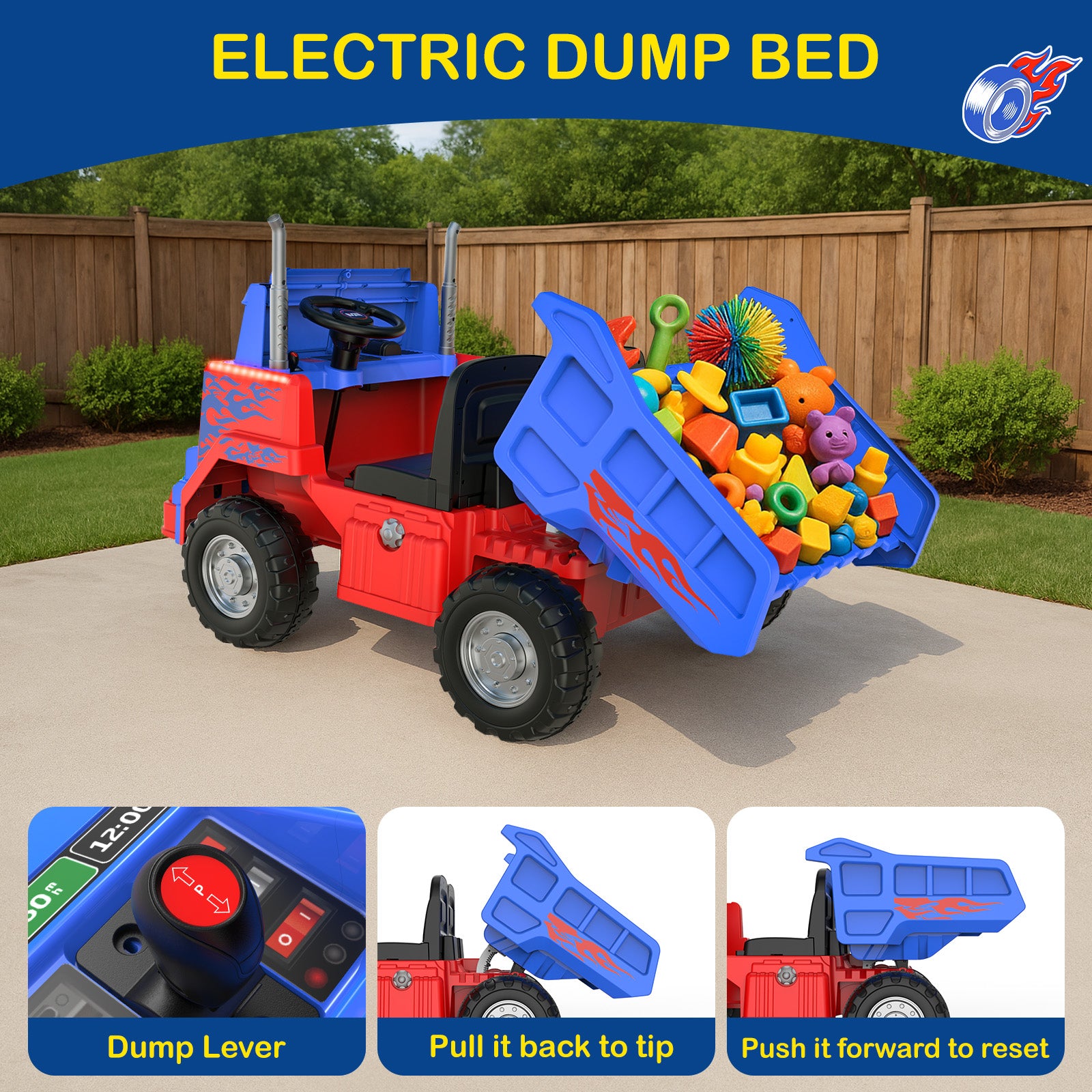 Toy dump truck with colorful toys in the bed, set against a backyard background.