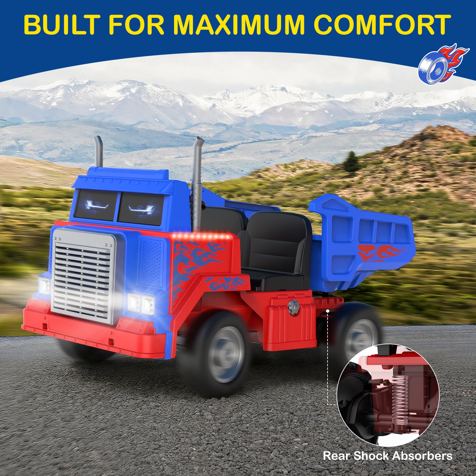 Toy dump truck with red and blue colors on a road with mountains in the background, featuring text 'Built for Maximum Comfort' and a logo.