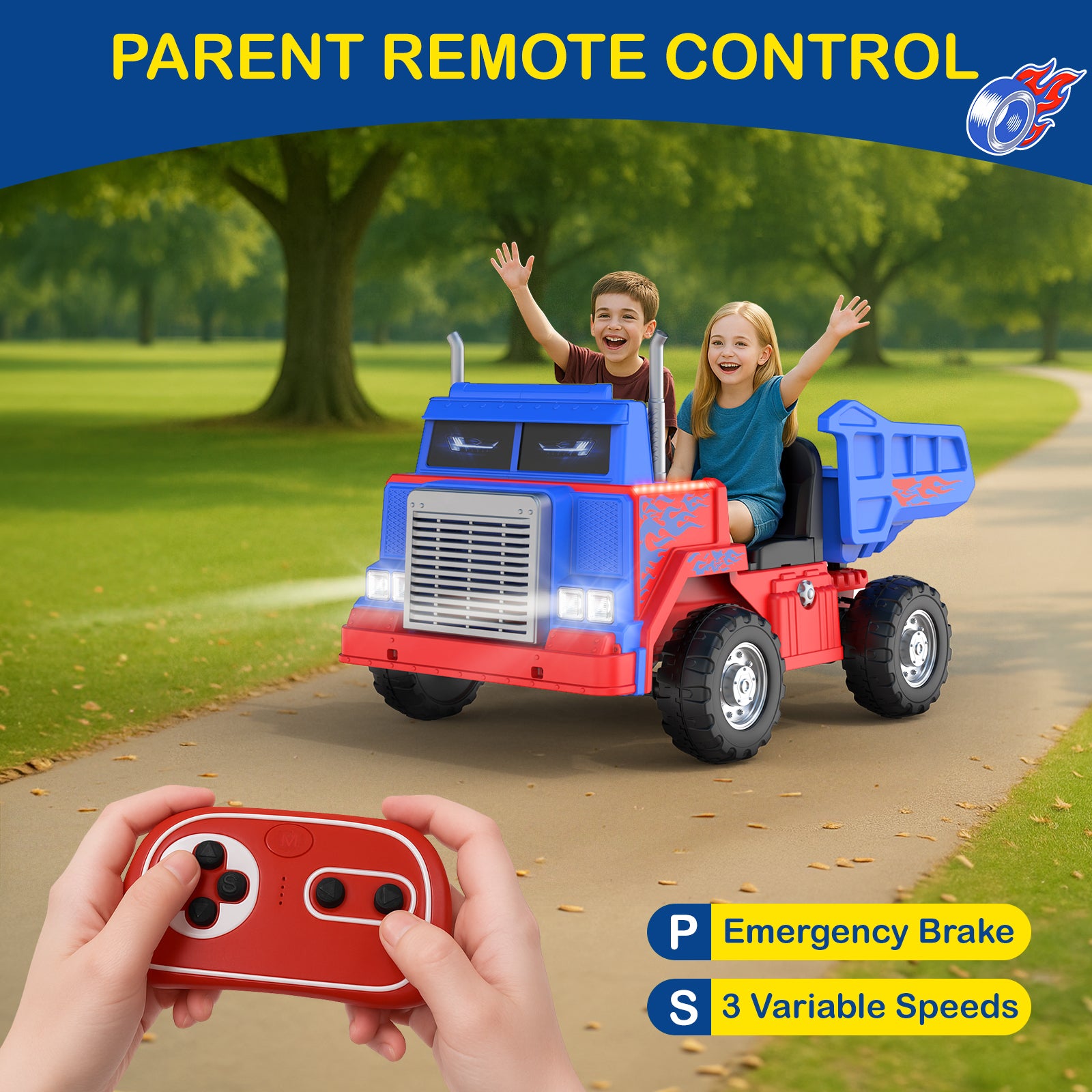 Children playing with a toy dump truck in a park, controlled by a parent using a remote control.
