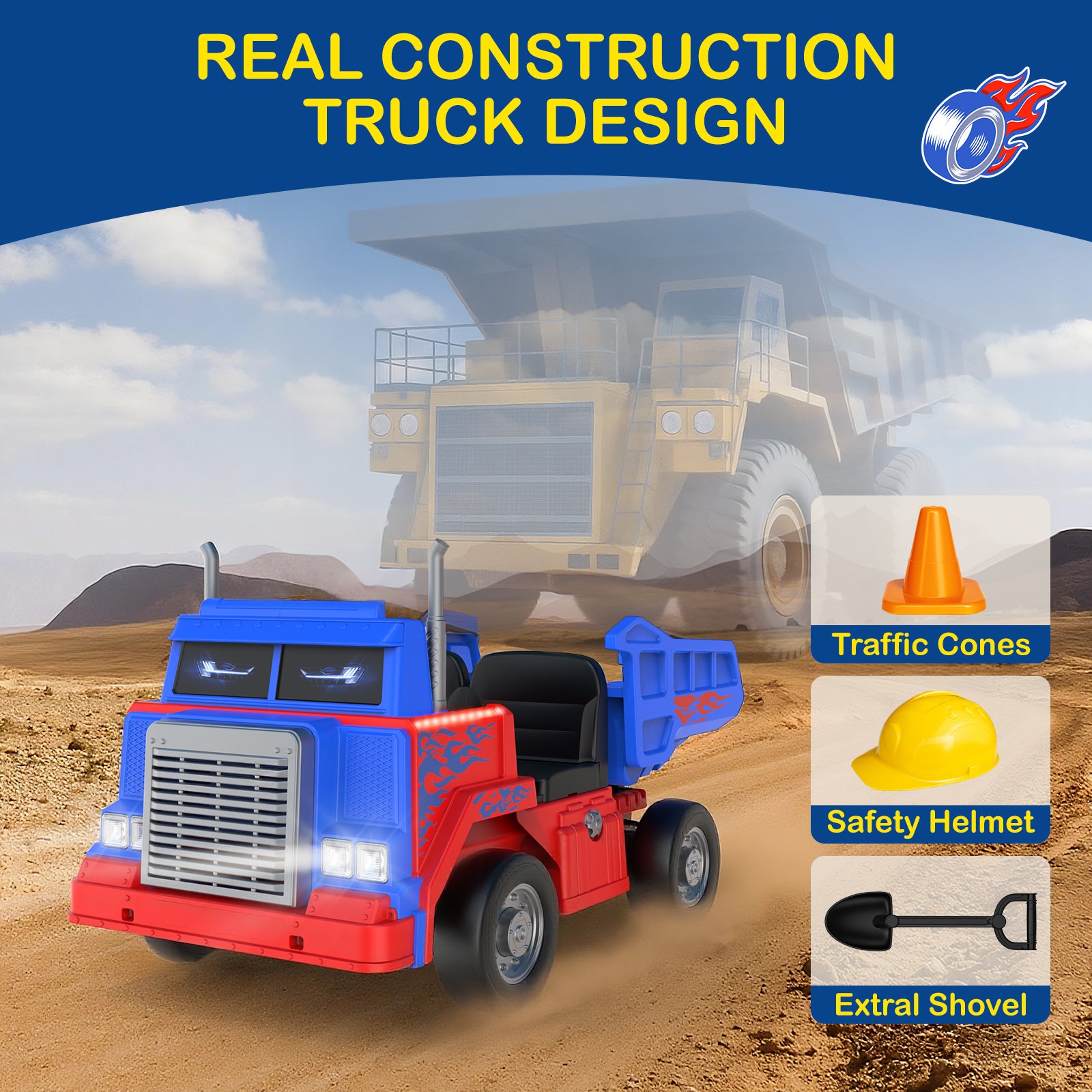 Toy dump truck with construction accessories on a desert background