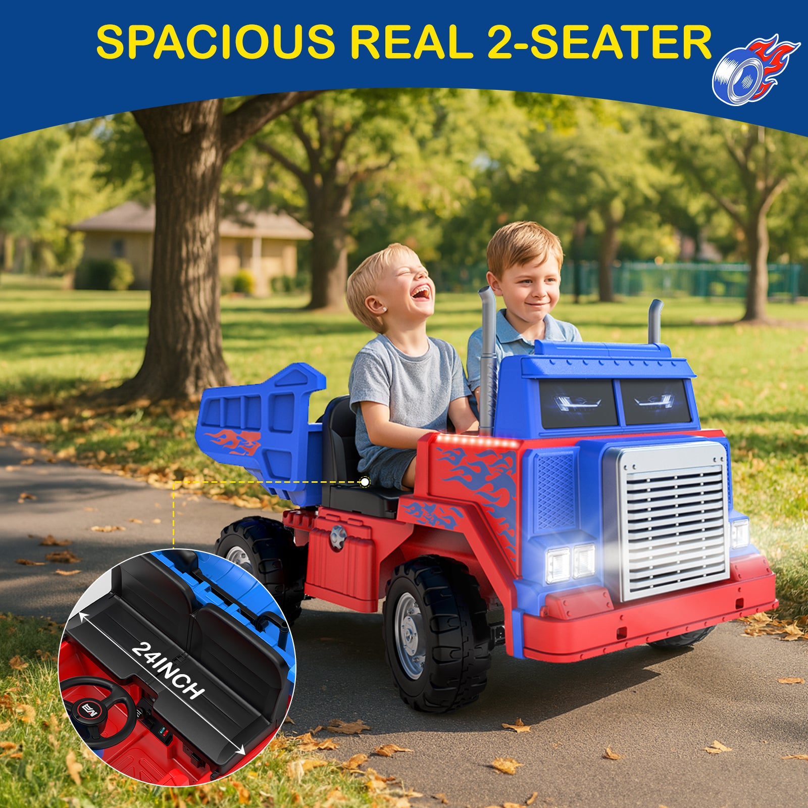 Two children playing with a red and blue toy dump truck in a park, with text indicating it's a 'Spacious Real 2-Seater' toy.