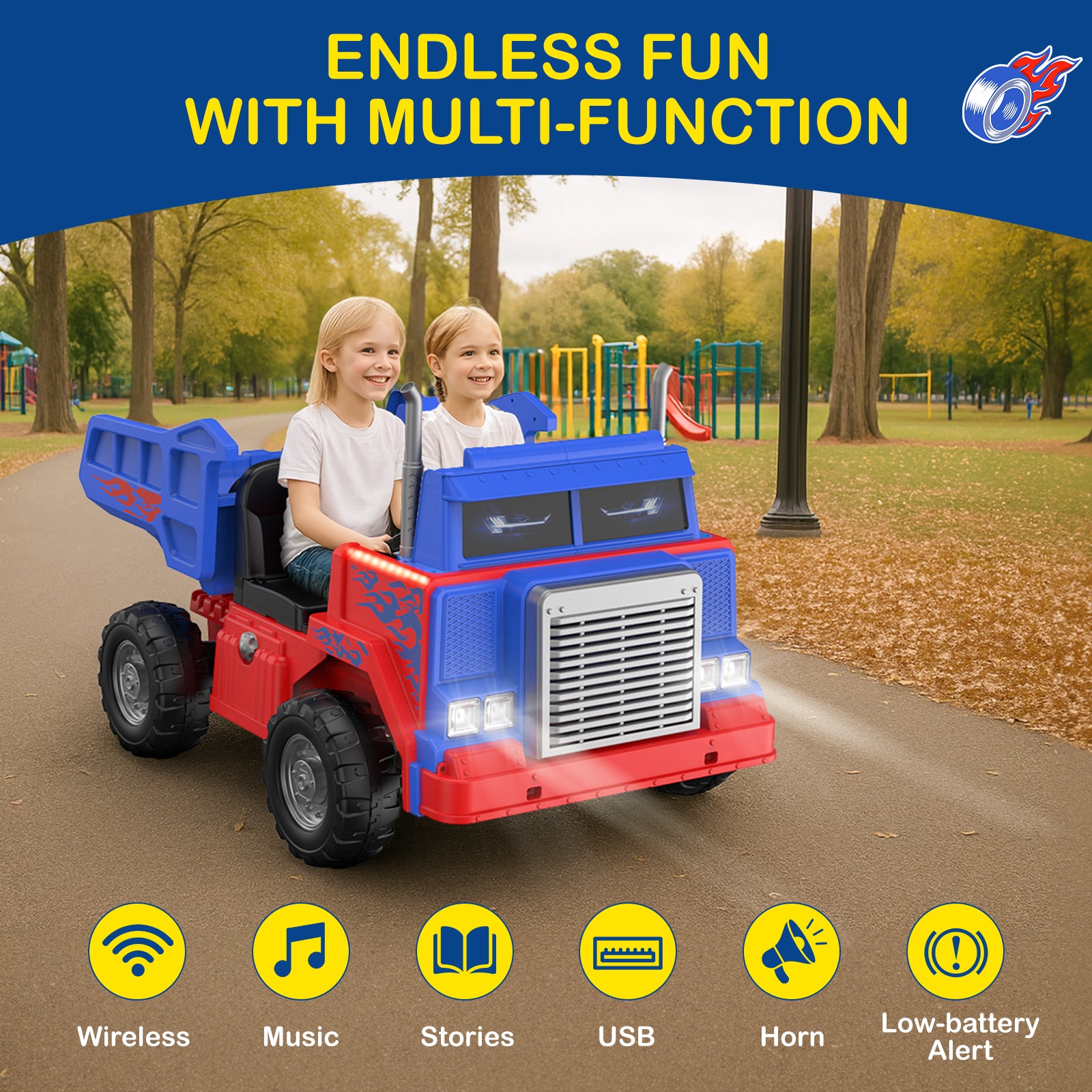 Children playing with a red and blue toy dump truck in a park, with features listed below.