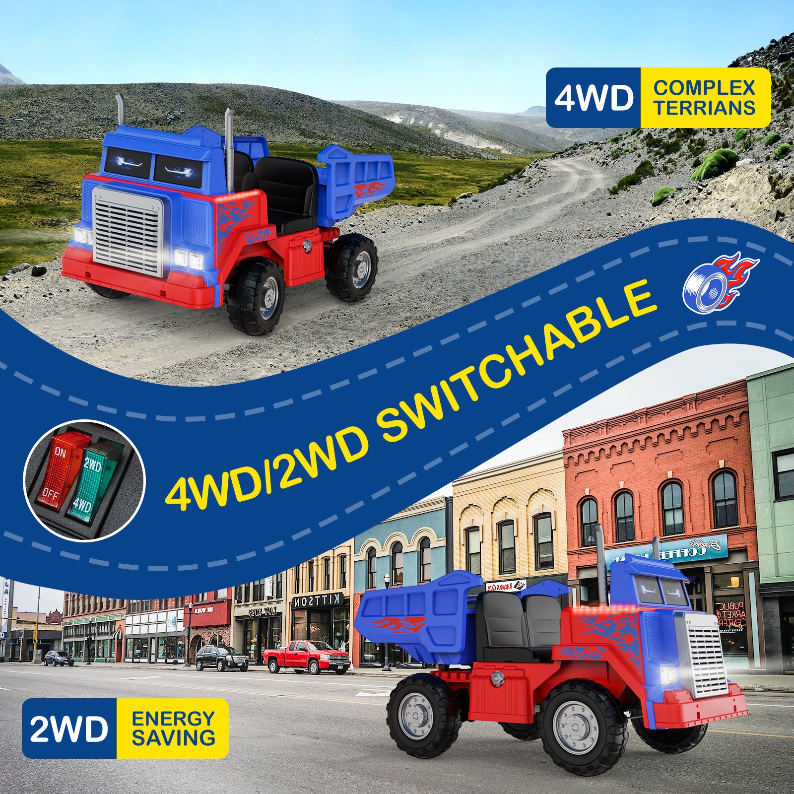 Toy dump truck with 4WD and 2WD switchable feature on a road and city background.