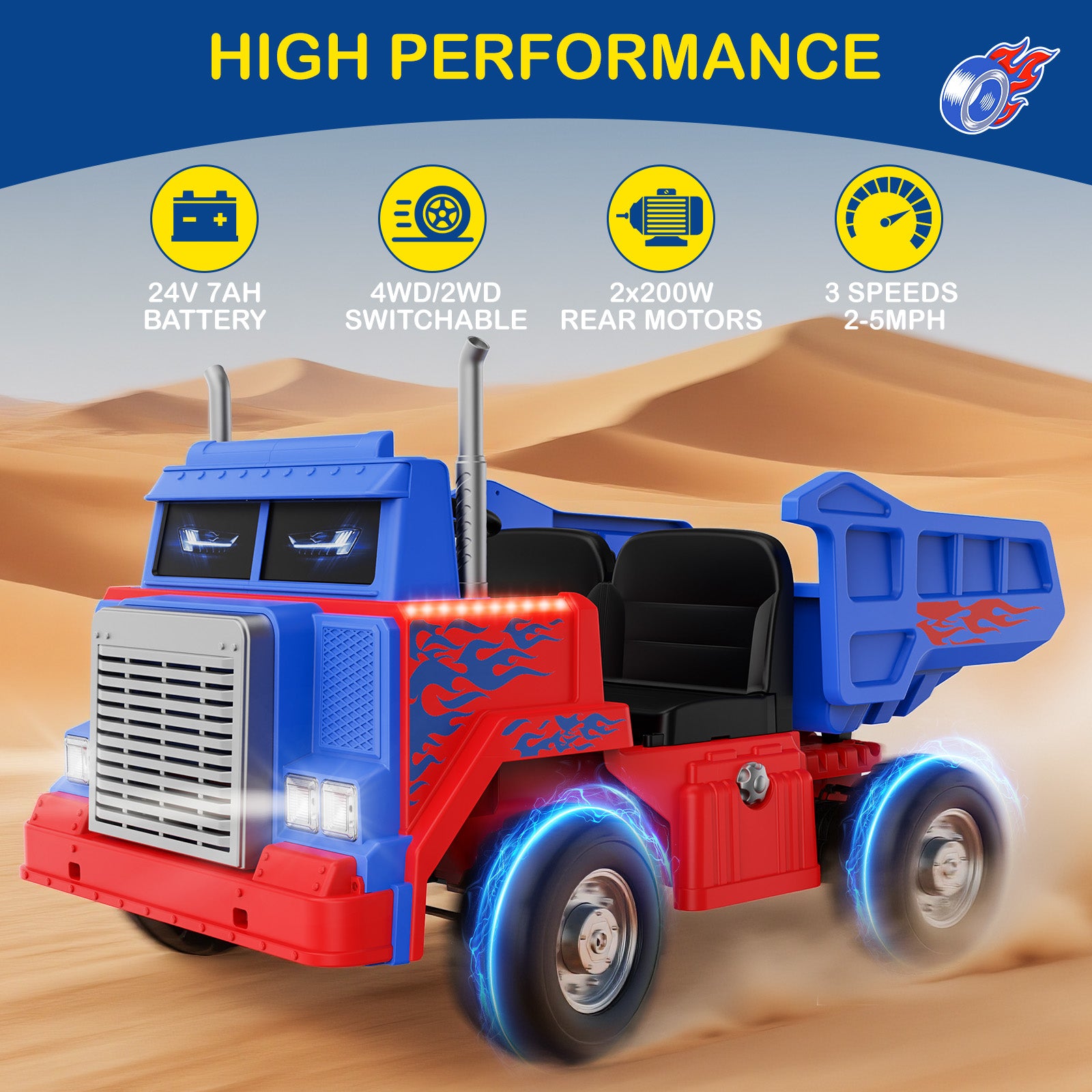 Toy dump truck with red and blue colors on a desert background, featuring text about its features.