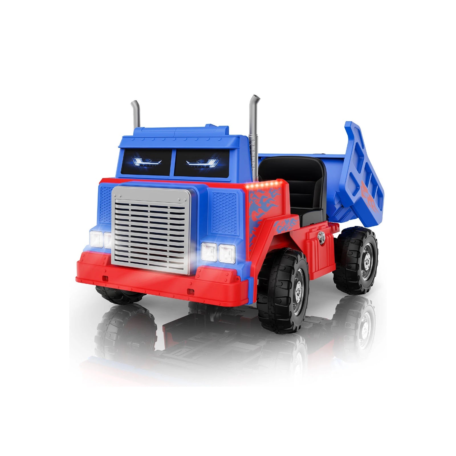 Toy dump truck ride-on car with blue and red design on a white background