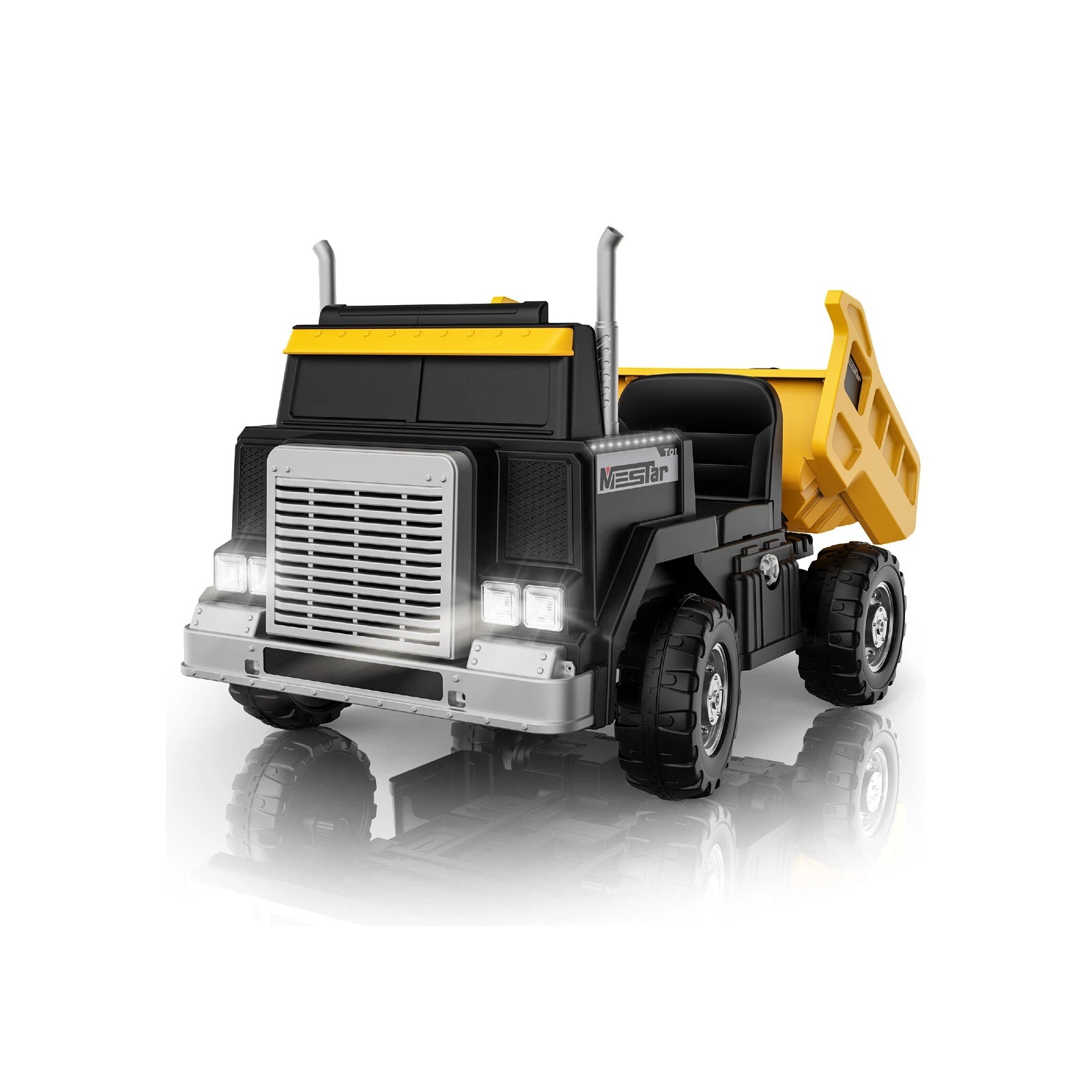 Toy dump truck with black and yellow colors on a white background