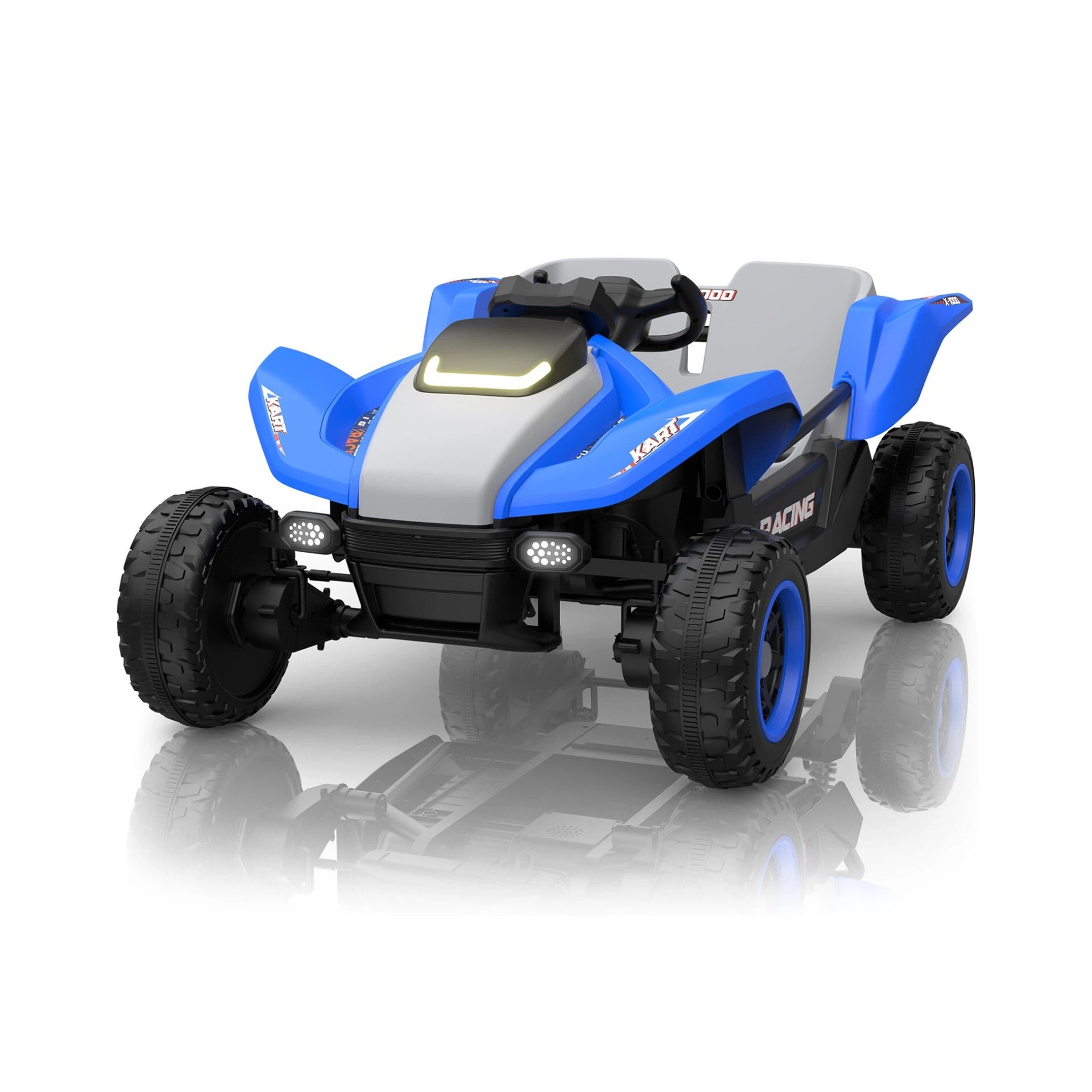 Toy off-road vehicle with blue and gray design on a white background