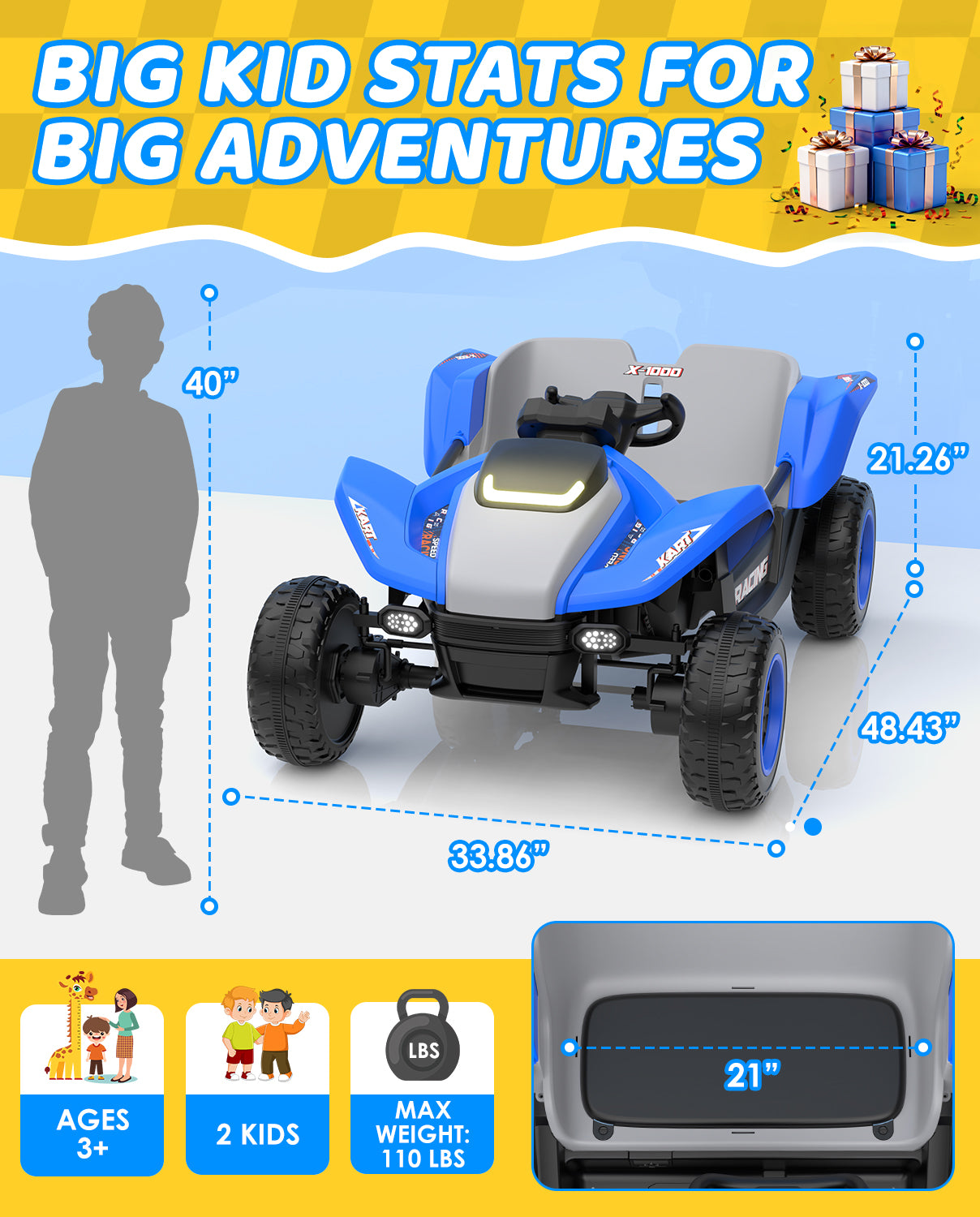 Children's toy off-road vehicle with dimensions and features on a blue and yellow background
