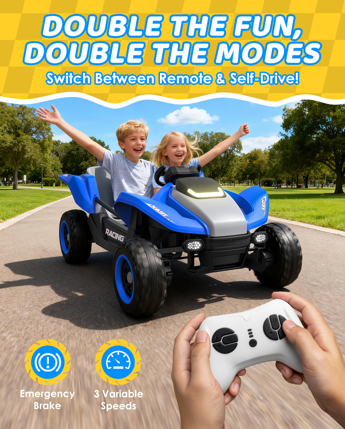 Children playing with a blue and gray remote-controlled car on a road, with a person holding a remote control.