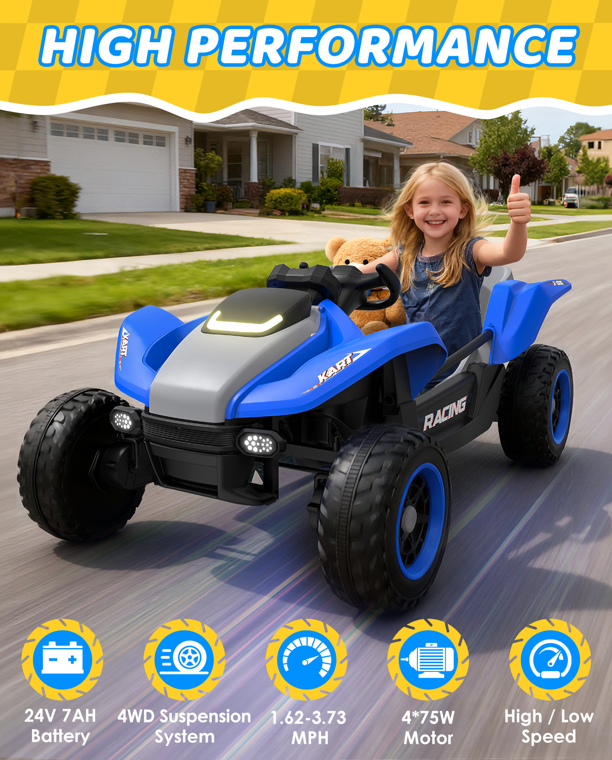 Child driving a blue and gray UTV truck on a suburban street with 'High Performance' text above.