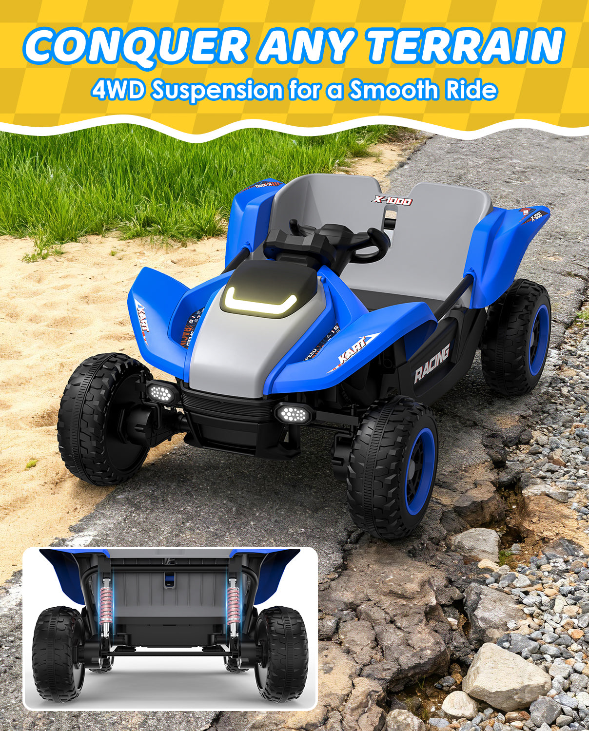 Blue and gray off-road vehicle on a rocky terrain with text 'Conquer Any Terrain' and '4WD Suspension for a Smooth Ride'.