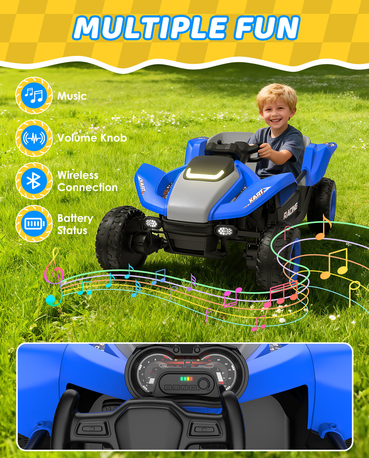 Child playing with a blue UTV truck on grass, with features highlighted.