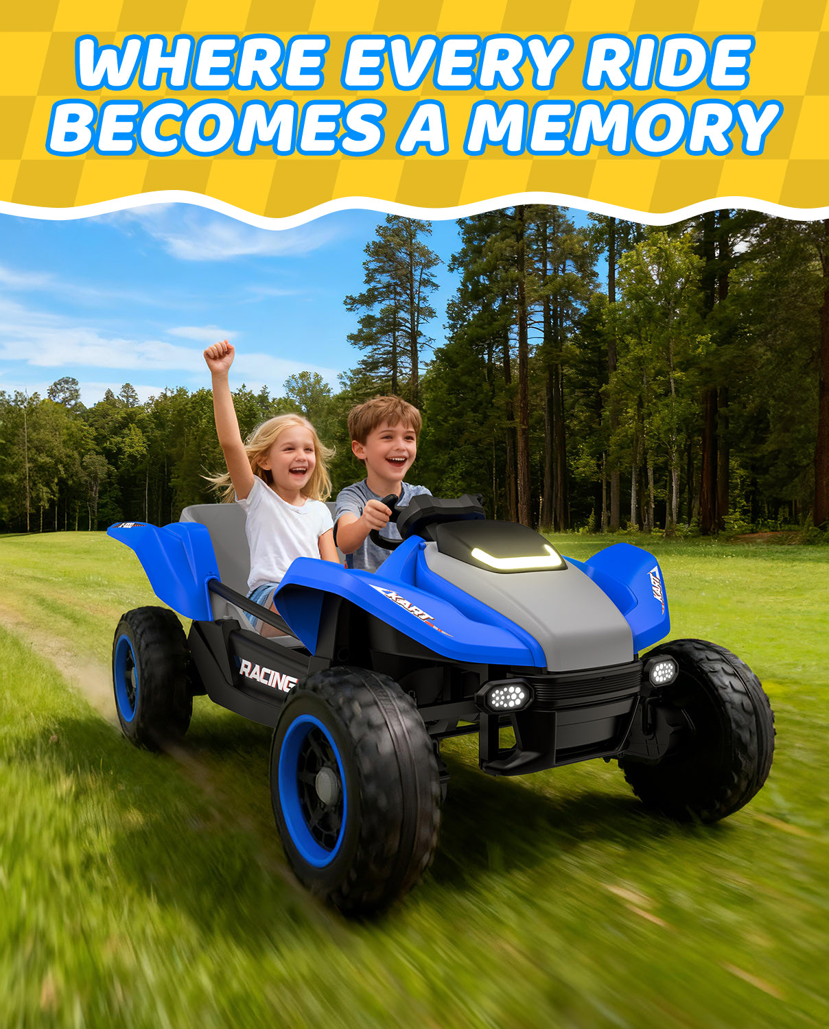 Children enjoying a ride in a blue and gray UTV truck car with a scenic background.